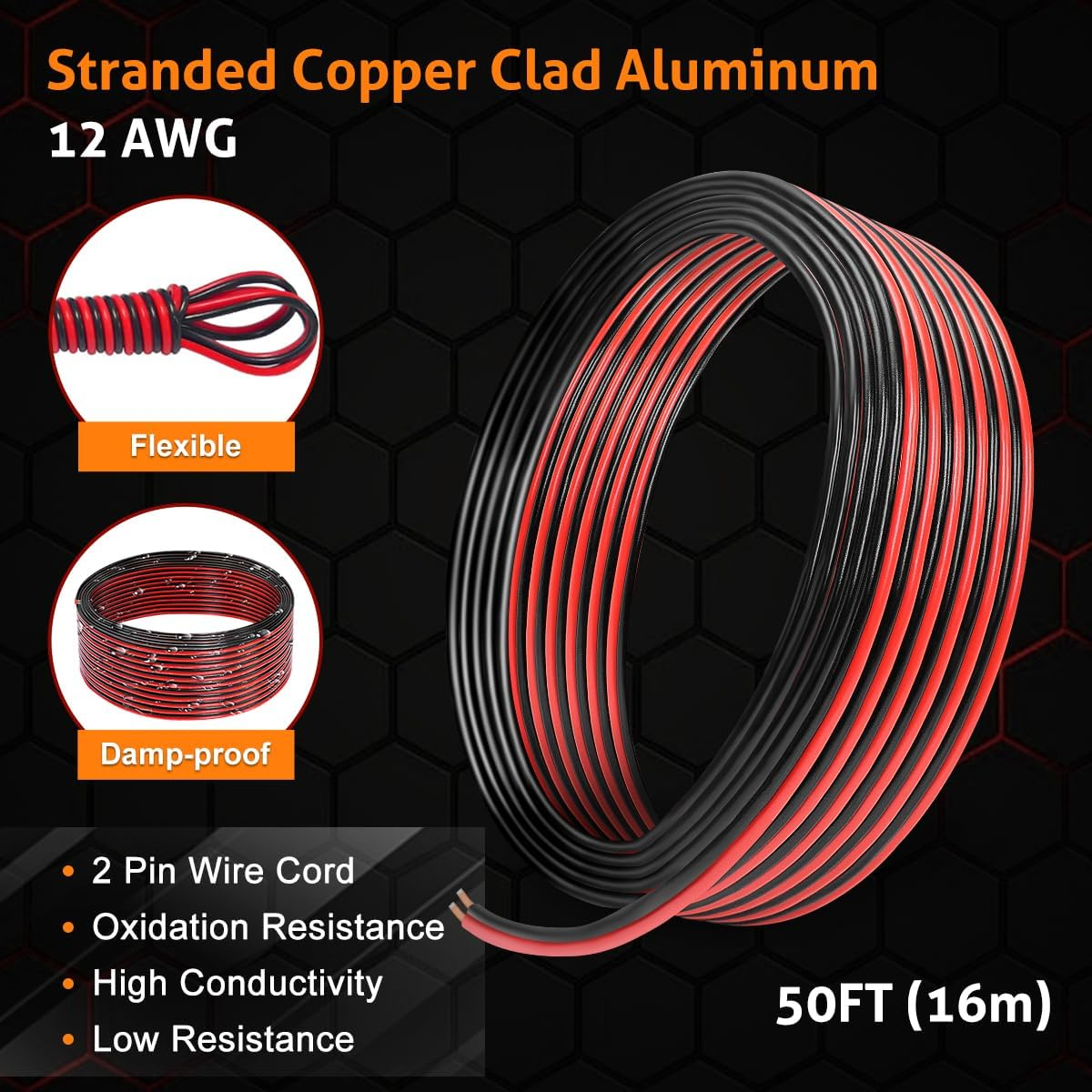 UCINNOVATE Electrical Wire CCA Copper Wire 2 Conductor, 12 AWG Wire 100FT (Red 50FT+ Black 50FT) Low Voltage Automotive Wire Speaker Wire 12 Gauge 12V/24V DC Red and Black Wire PVC Car Battery Wire image number 1