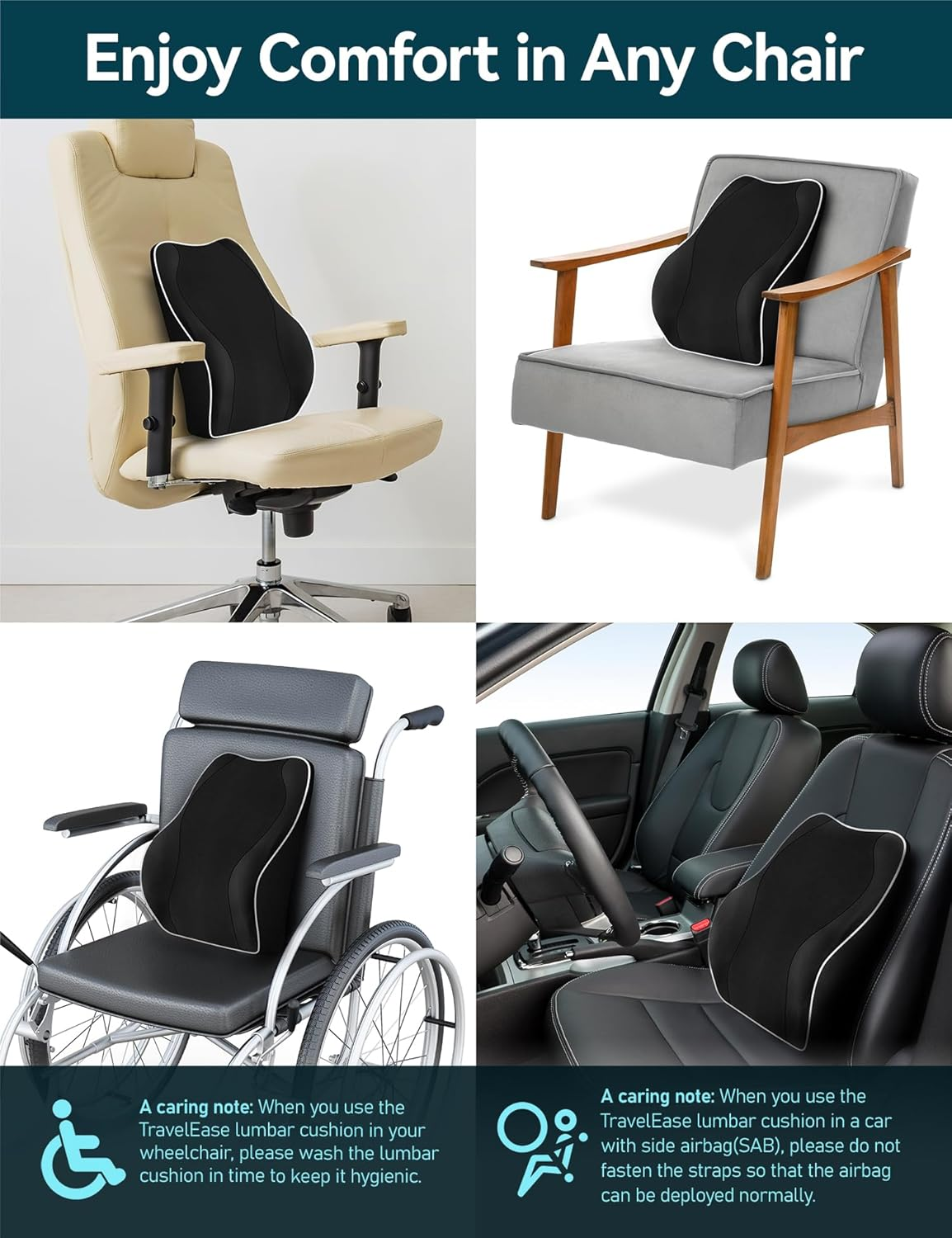 TRAVEL EASE Ergonomic Lumbar Support Cushion, Memory Foam Back Support for Car Seat Office Chair Gaming Chair, Backrest with Skin-Friendly Cover & Dual Adjustable Straps, Black image number 4