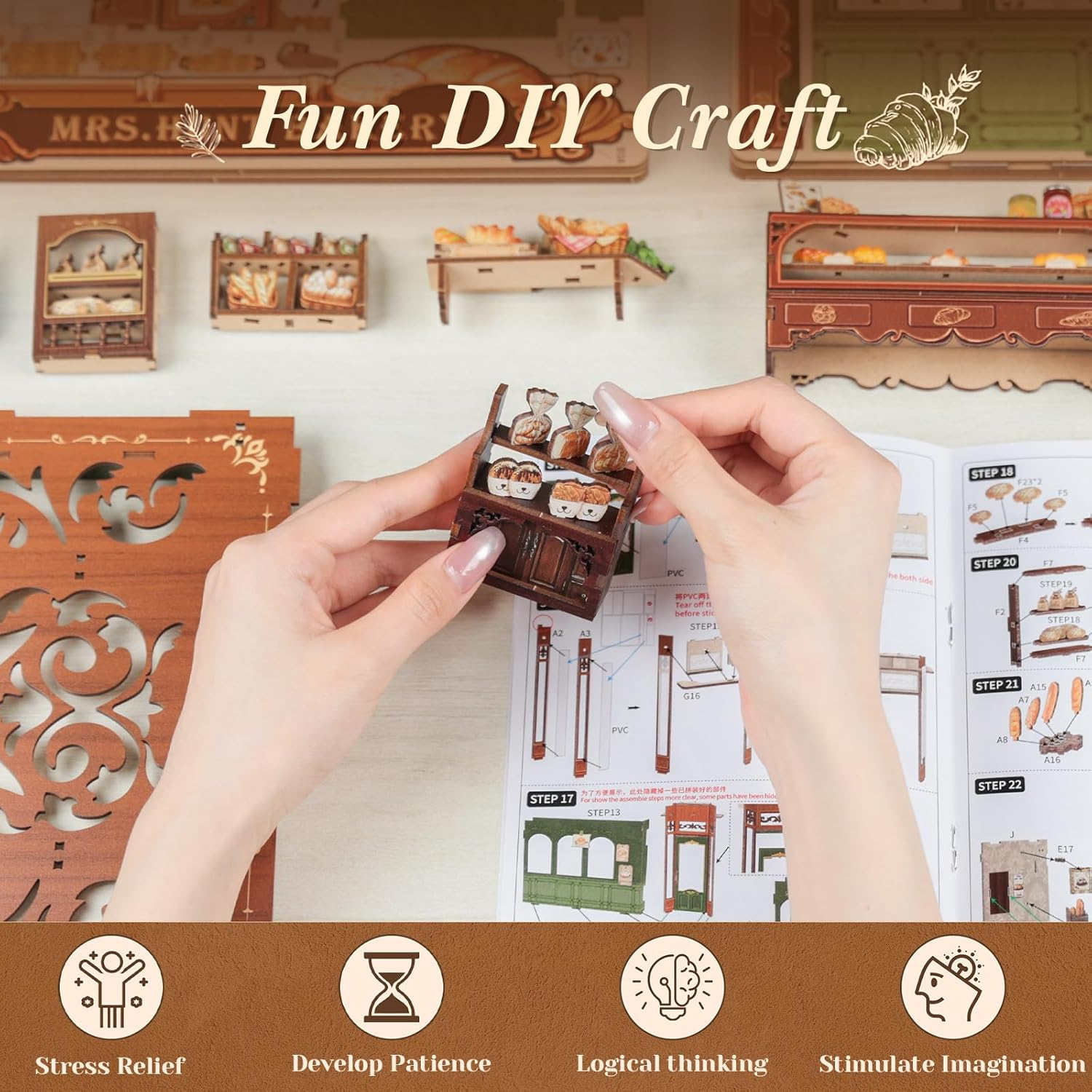 CUTEBEE Book Nook Kit - DIY Miniature House Dollhouse Kit for Adults and Teens, Booknook Tiny House Bookshelf Decor with LED Light, Gifts for Family and Friends (Mrs.Hunt Bakery) image number 5