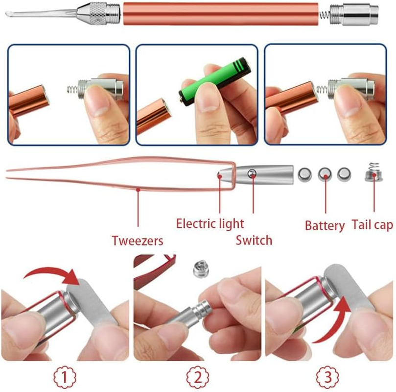 Ear Pick, 2PCS Stainless Steel Illuminated Earwax Removal Kit with Storage Box, High Safety LED Lighted Ear Wax Cleaner Tweezers for Kids (Rose Gold)