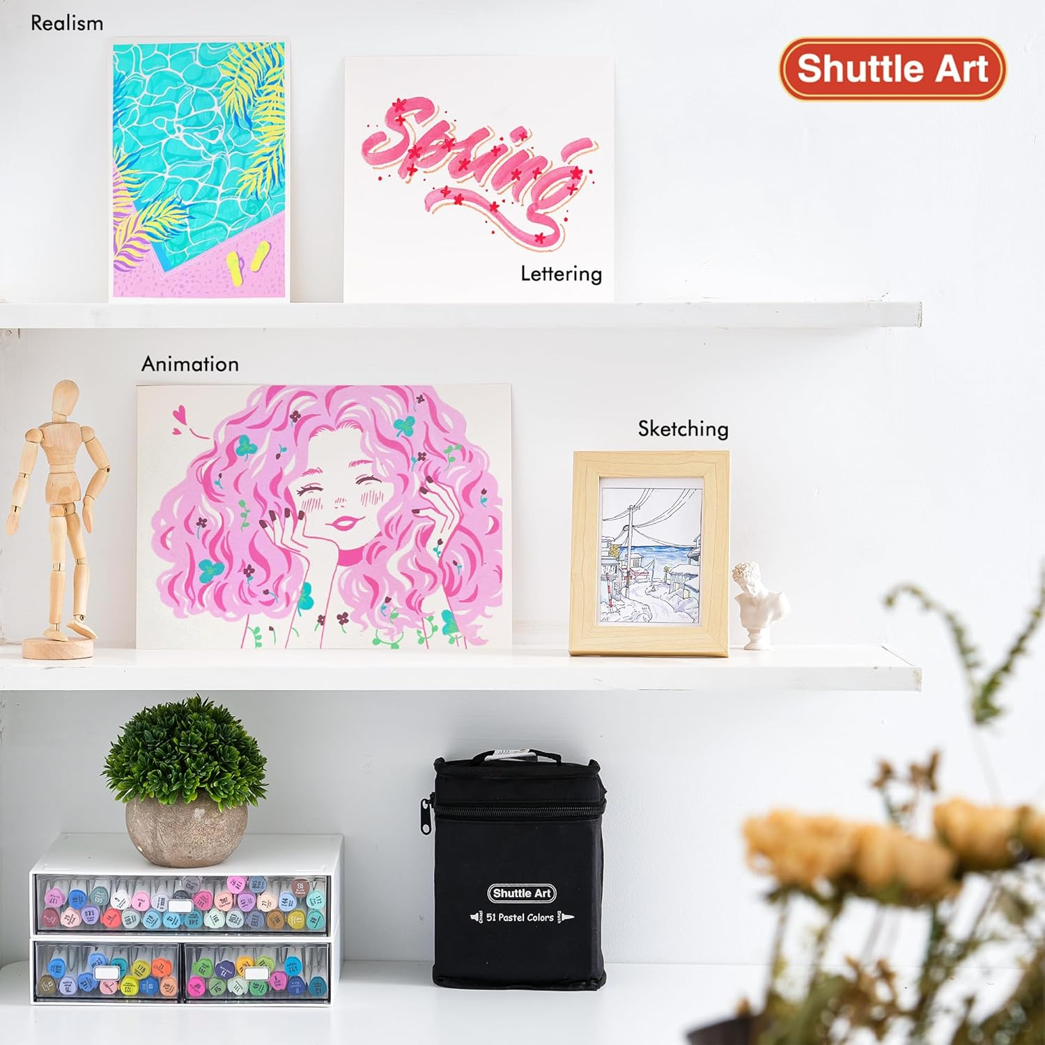 Shuttle Art Pastel Alcohol Markers Brush Tip, Dual Tip Brush & Chisel Tip Art Marker Set, 50 Colors plus 1 Blender Marker Pens with Case Perfect for Illustration Students Adults Coloring Sketching image number 5