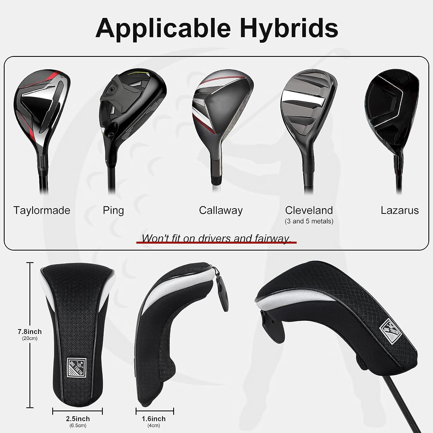 Big Teeth Golf Hybrid Head Covers Set Headcovers Utility UT Club Protector Meshy with Interchangeable Number Tag (2 Pcs) image number 5