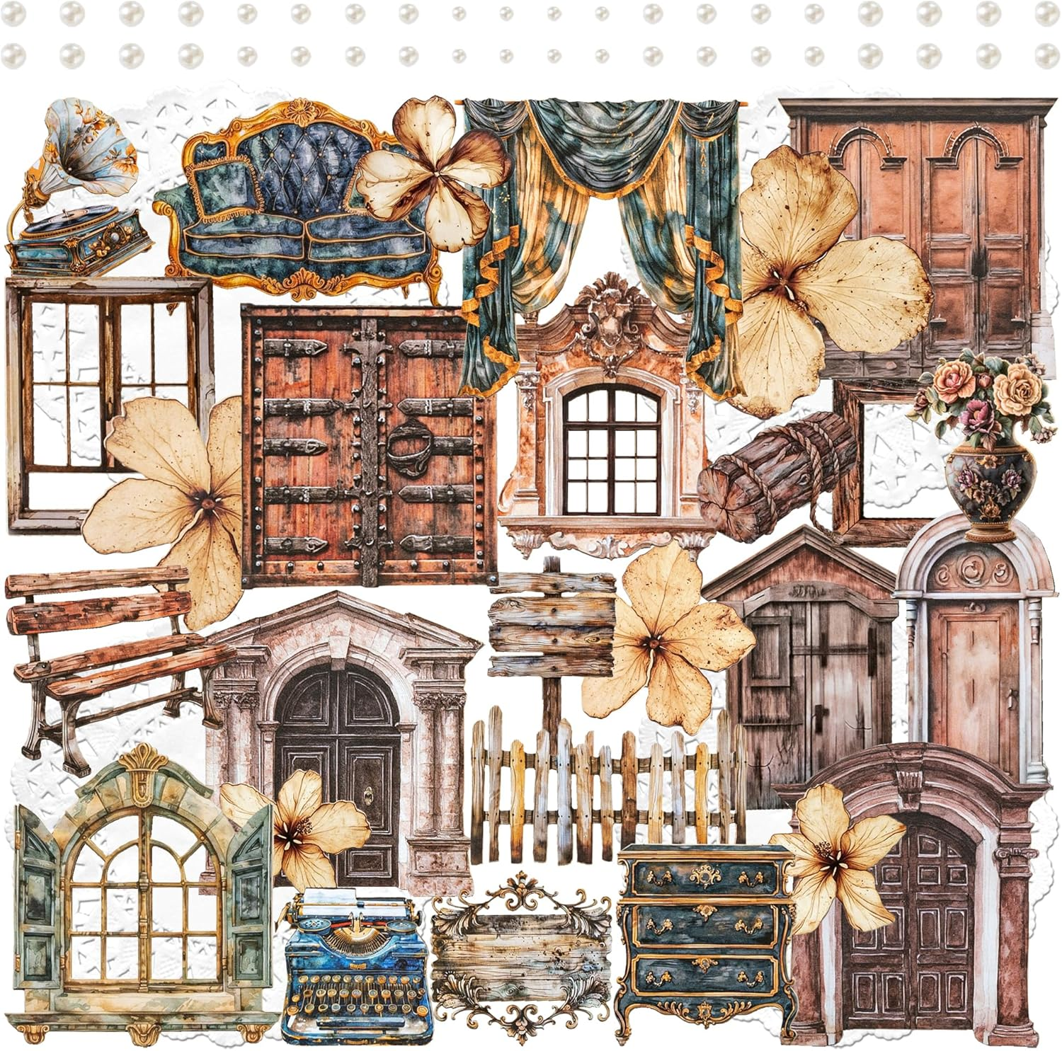 Retro Scrapbook Stickers Set - 4 Packs Thick Paperboard Stickers with Antique Clock, Sewing Machine, Rustic Fence, Vintage Ephemera for Journal, Planner, Craft, Collage & Card Making (Cyrus)