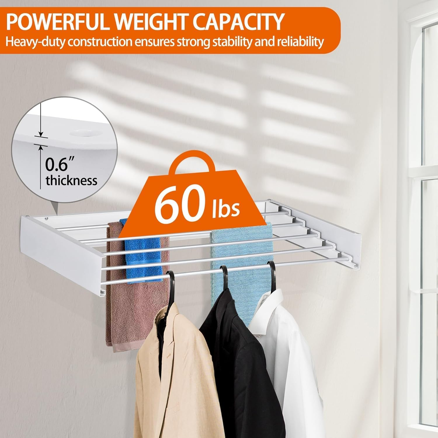Laundry Drying Rack Wall Mounted,Collapsible Clothes Drying Rack,Foldable Indoor and Outdoor Clothes Rack,Retractable Clothes Drying Rack,60Lbs Capacity W/Template Screwdriver Drill Bit (White, 100Cm)