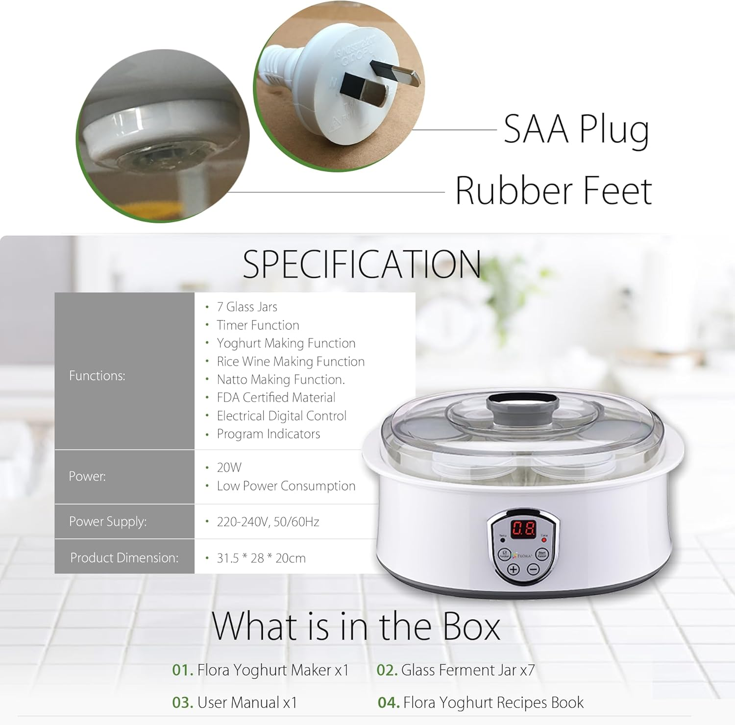 Flora Yoghurt Maker Machine-Electric Automatic Yogurt Making Machine-Large Capacity 1.5L with Natto/Rice Wine Function-7 Glass Jars -Home Organic Yogurt Incubator- Fermented Curd Maker-Fl-Yme-715 image number 3