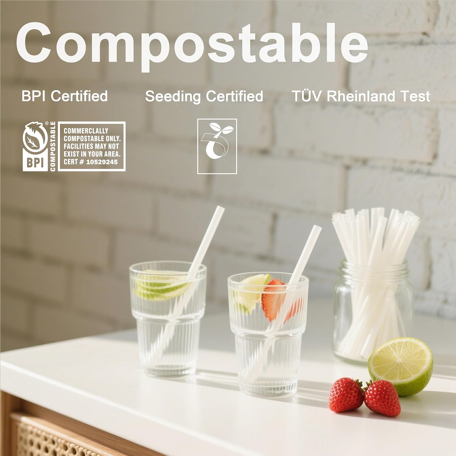 JENCENBIO 200 PCS 20Cm Straws Compostable Reusable Straw Drinking Individually Wrapped Suitable for Various Drinks Juice Milk, Tea Daily Use White image number 2