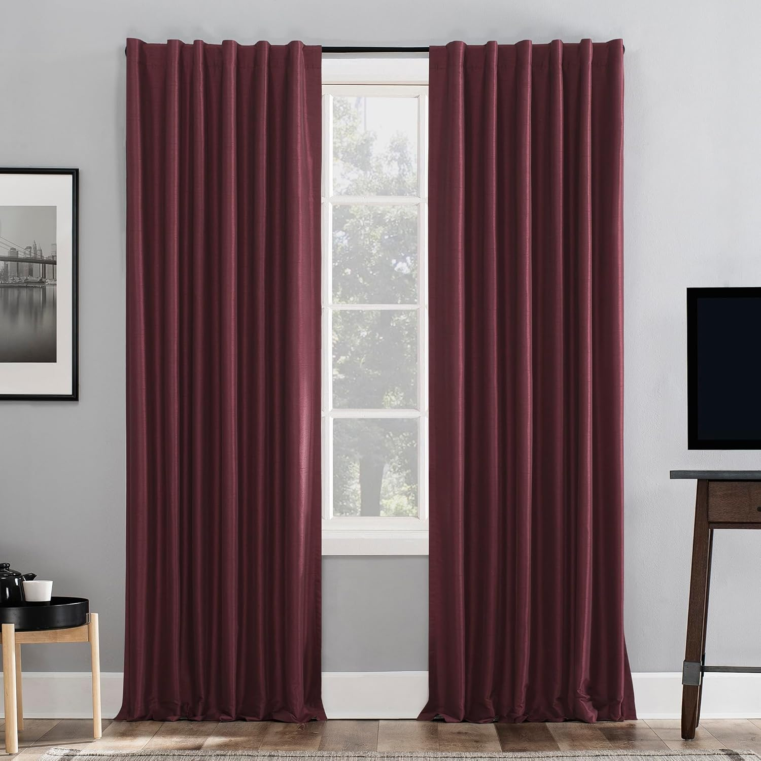 Sun Zero Greyson Faux Dupioni Silk Thermal Extreme Total Blackout Back Tab Curtain Panel, 50" X 84", Stone Beige