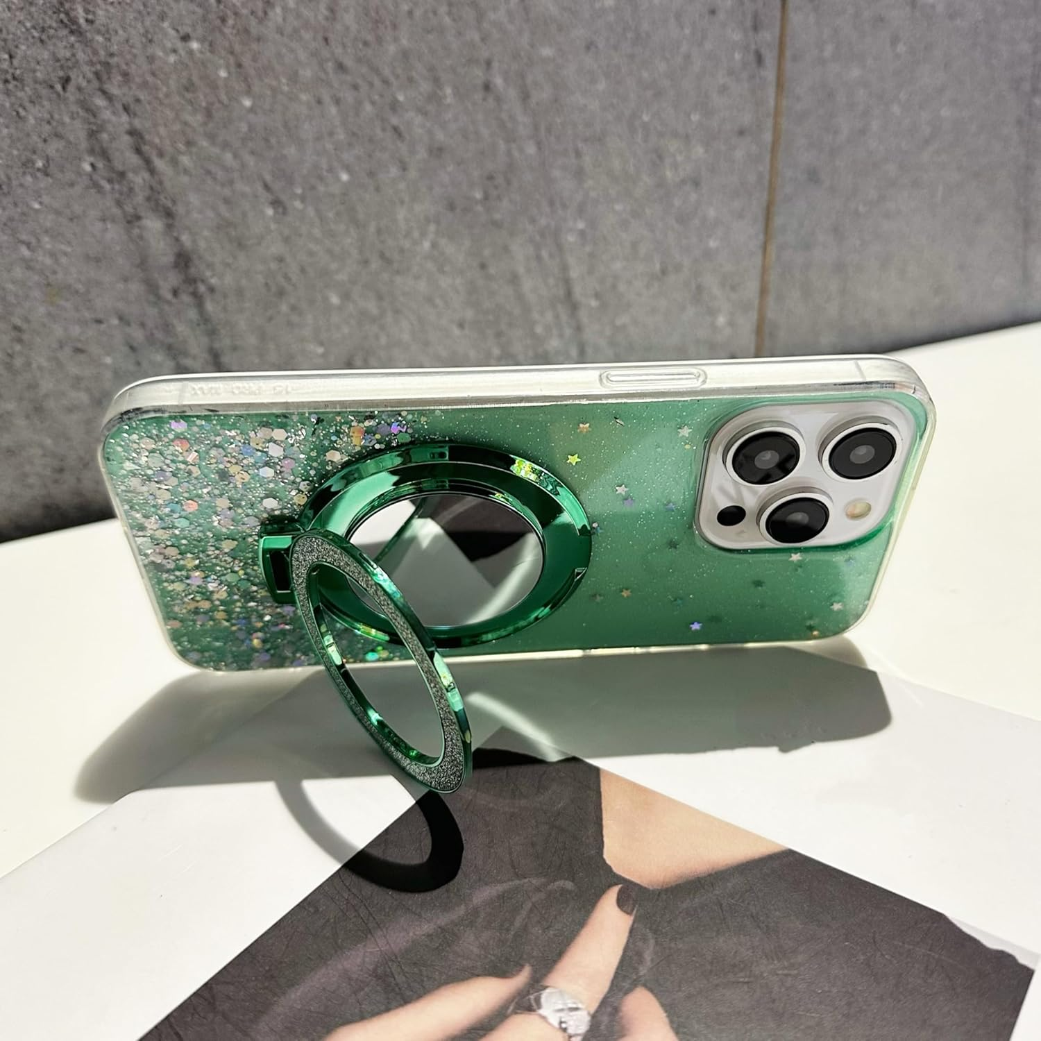 IMEIKONST Glitter Case Compatible with Iphone 16E with Makeup Mirror Holder, Sparkle Transparent Bling Shell Shockproof Soft TPU Silicone Bumper Cover for Iphone 16E. Green DJJ image number 4