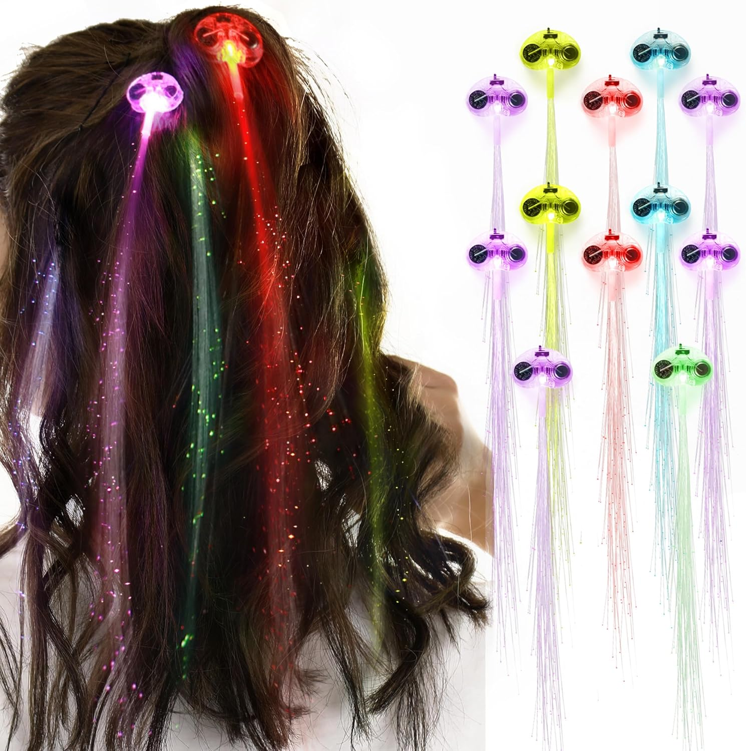 Novelty Place [Party Stars] 14 Inch LED Light-Up Optic Fiber Hair Extension with Barrette Party Light Set - Alternating Multicolors (12 Pack) image number 6