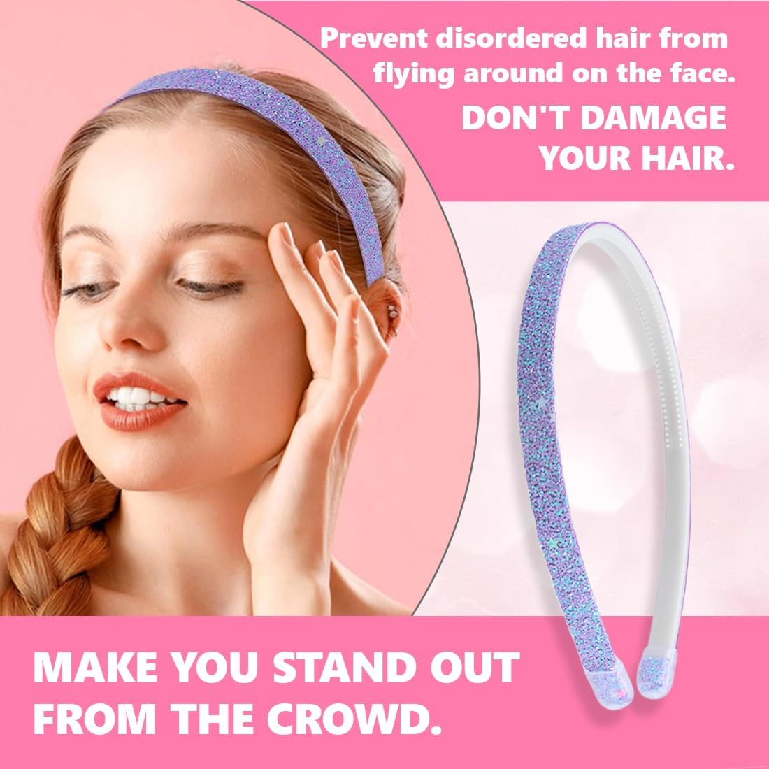 Pack of 4 Glitter Headbands, Multi-Style Hair Bands for Men Women, Glittering Confetti Rainbow Hair Bands with Teeth for Little Girls image number 5