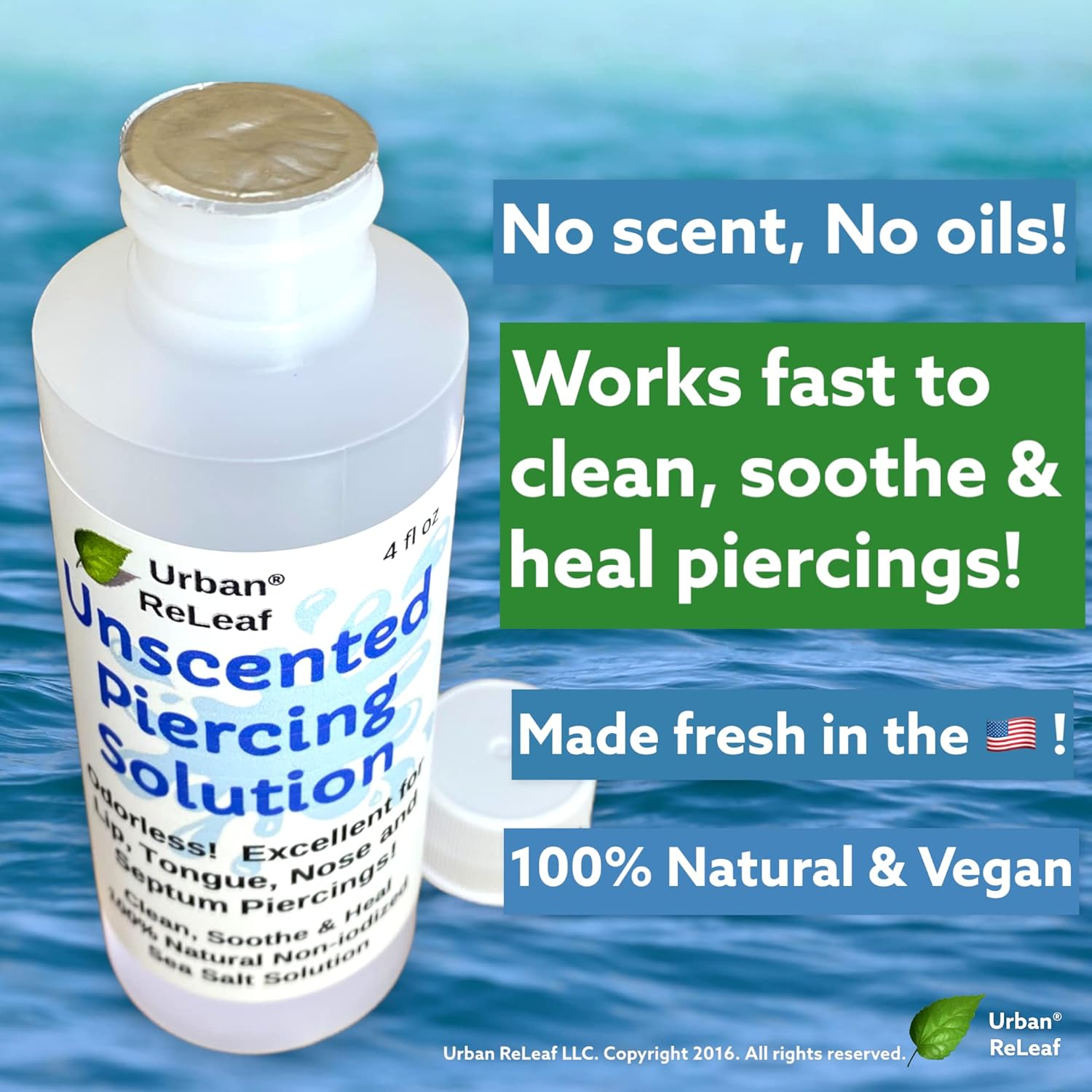 Urban Releaf Unscented Piercing Solution ! Non-Iodized Sea Salt Healing Soak. Lip, Tongue, Septum, Dimple, Mouth. NO Scent. Ready to Use. Made Fresh in USA. image number 2