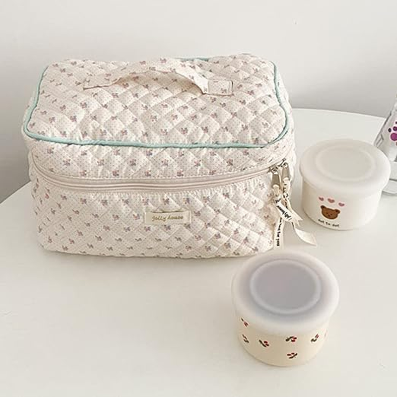 Makeup Bag Floral Cotton Large Travel Cosmetic Quilted Pouch Coquette Aesthetic Toiletry for Ladies Girl Multifunction Storage Bag, Beige, (YJL-DRLSHHZB-01) - Blue-01 image number 7