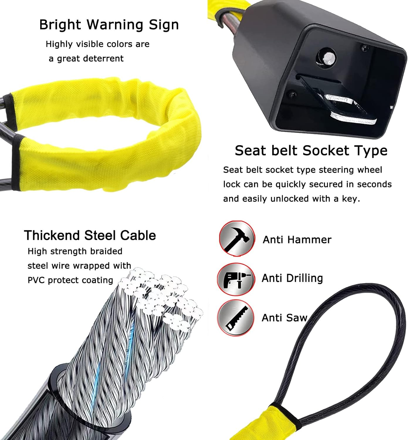 ASENDIWAY Steering Wheel Lock Seat Belt Lock anti Theft Device Car Lock Car anti Theft Prevention Security with 2 Keys Universal Fit Most Cars Vehicle Truck SUV Van (Yellow) image number 3
