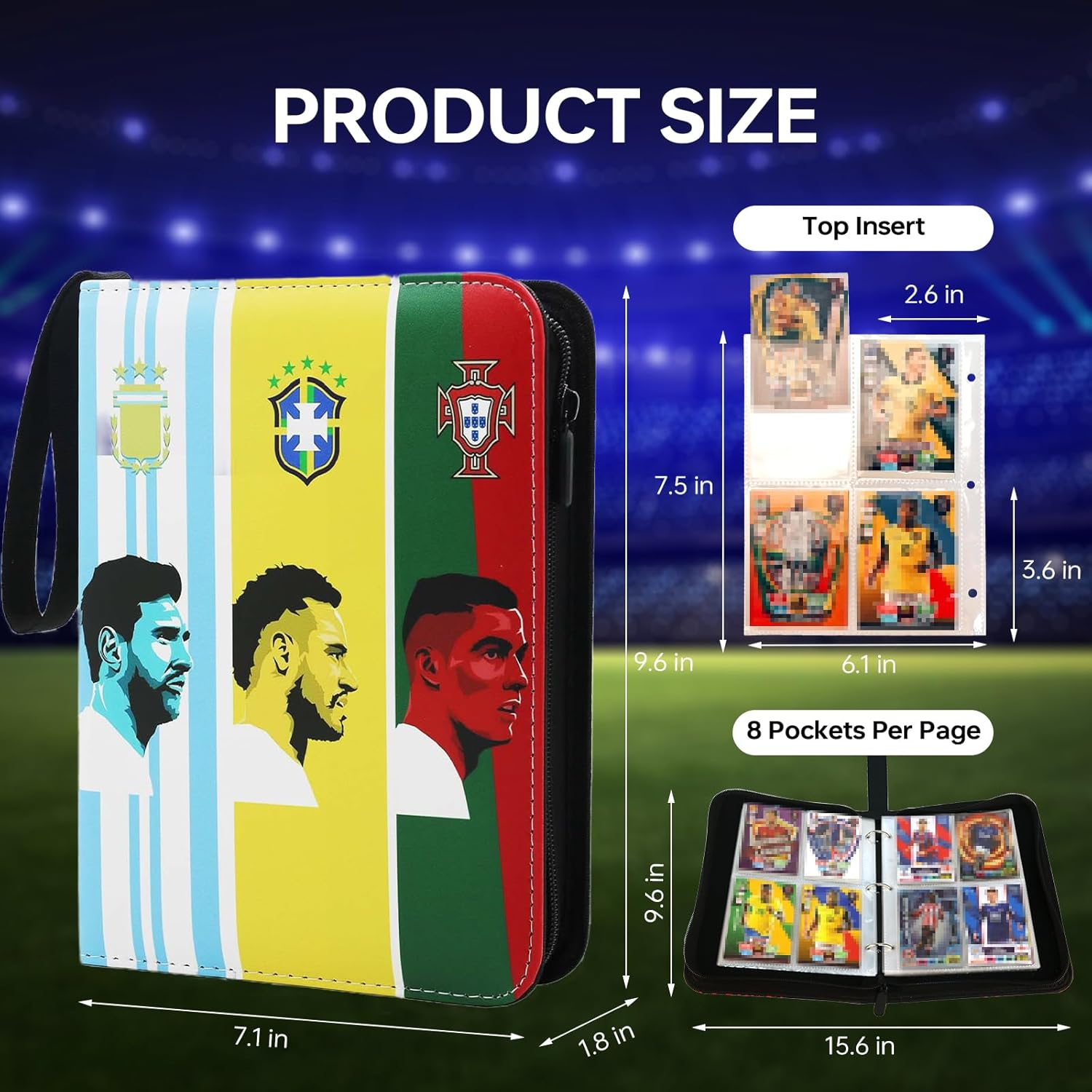Soccer Card Binder, 4 Pocket Sports Trading Card Collection Binder, Soccer Card Holder with Zipper Carrying Handle and 50 Removable Sleeves for 400 Cards, Waterproof 3-Ring Card Album Folder image number 1