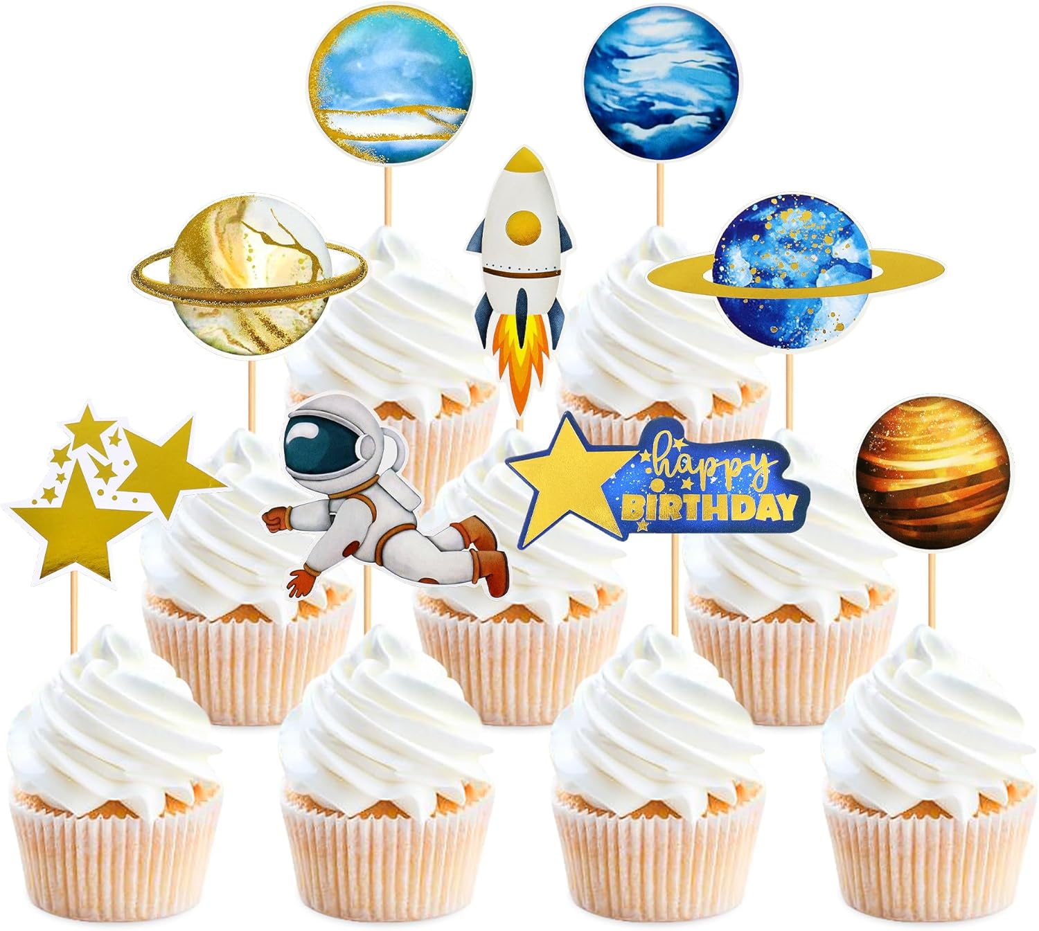 10 Pcs Space Cake Topper, Planet Astronaut Earth Cupcake Picks Space Theme Kids Baby Shower Party or Birthday Party Cake Decorations