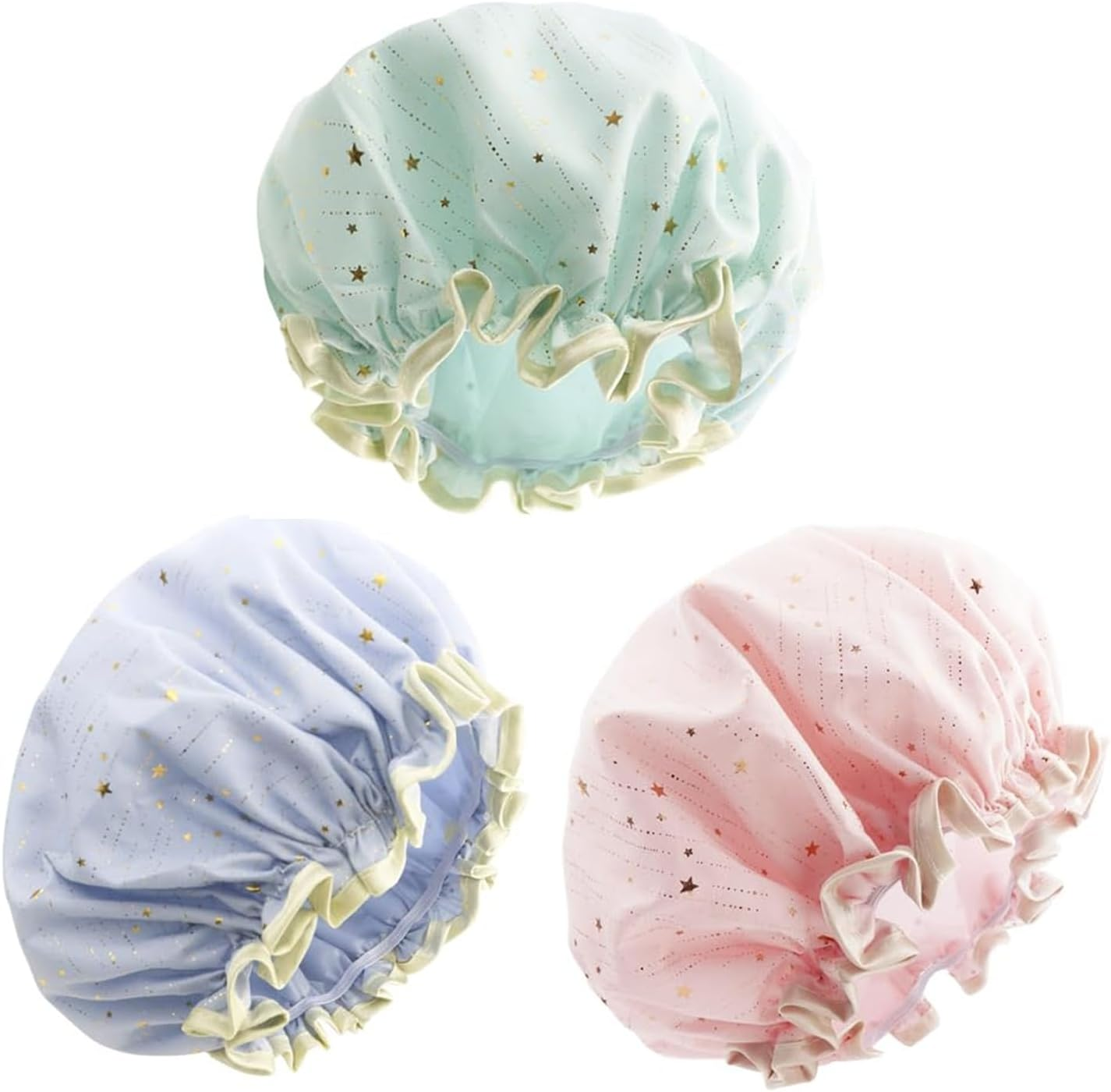 Shower Cap for Women,Elastic Double Layer Shower Caps,Reusable and Waterproof Bath Cap,Bath Hat for Women Long, Short and Curly Hairs image number 3