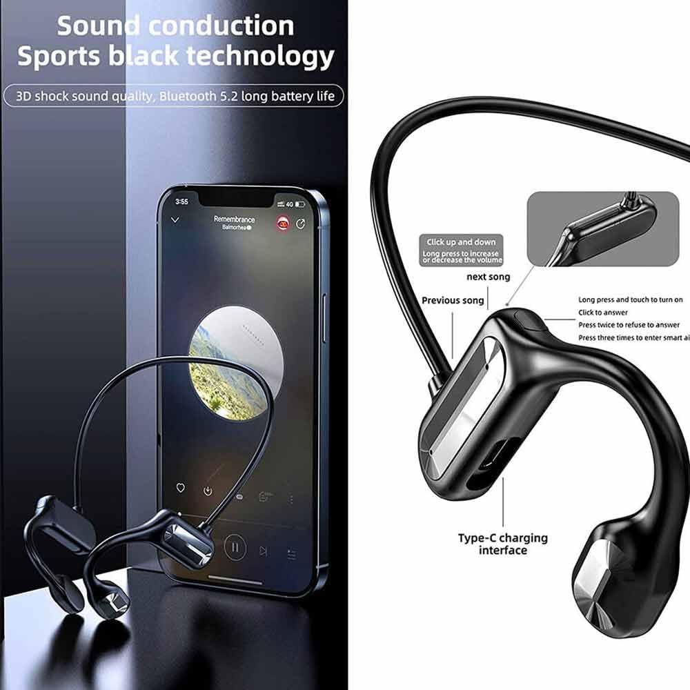 Bone Conduction Sports Headphones,Bluetooth Wireless Earphones, Waterproof Headset Open-Ear Sports Earphones for Running,Workout,Cycling,Driving,Gym (Black) - Black image number 6