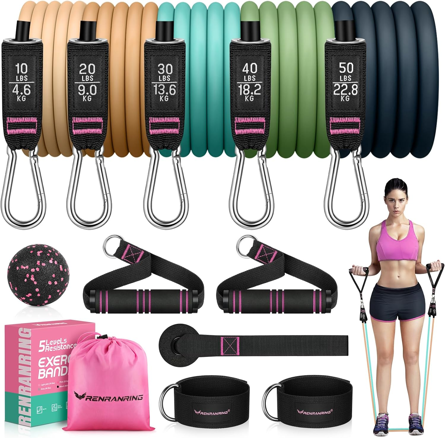 RENRANRING Resistance Bands for Working Out, 150LBS Exercise Bands, Workout Bands, Resistance Bands Set with Handles for Men Women, Legs Ankle Straps for Muscle Training, Shape Body, Physical Therapy