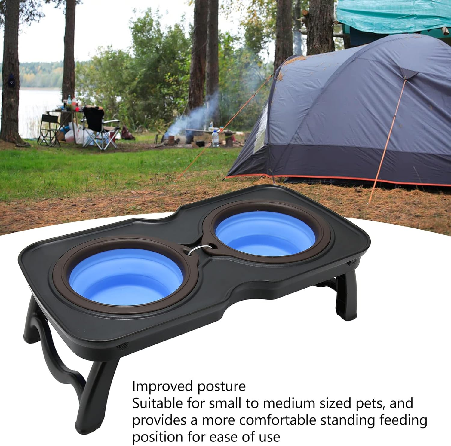 Foldable Elevated Dog Bowls, Double Food and Water Bowls with Stand, Collapsible Dog Travel Bowl Folds for Easy Storage Collapsible Feeding Table for Outdoor Camping Travel(Large, Blue) image number 6