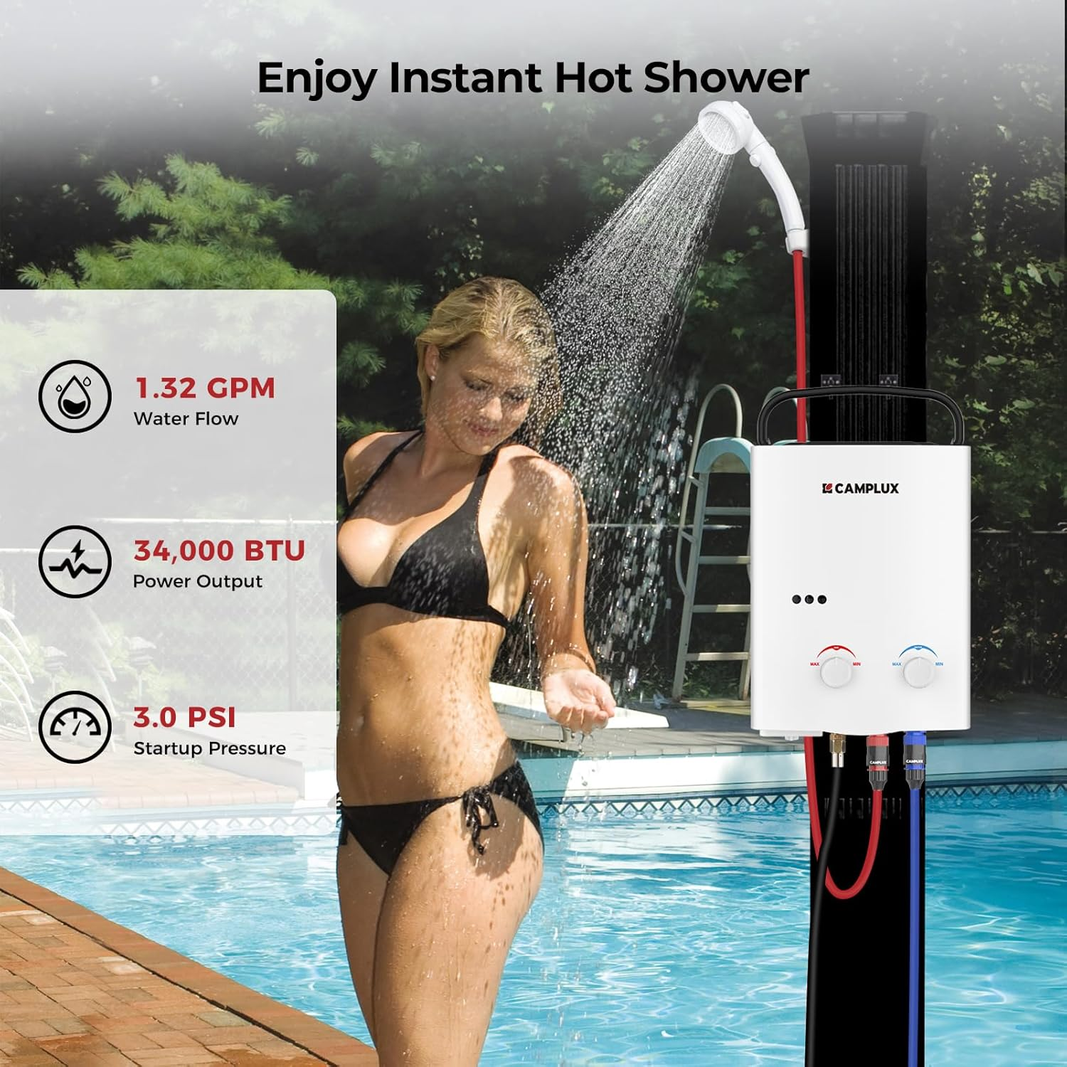 Camplux AY132 Gas Hot Water Heater Tankless, Portable LPG Camping Shower Instant, for RV, Outdoor Use, 5L