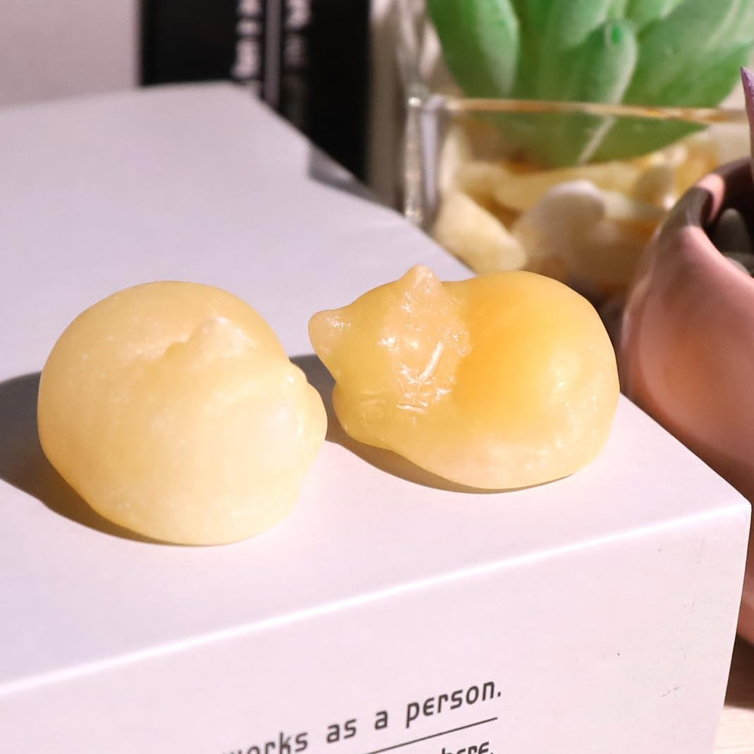 QINJIEJIE Fancy Calcite Cat Crystals Decor Sleeping Cat Statue Healing Stone Figurine Decors Gift Hand Carved Gemstones Office Room Home Desk Lucky Decoration Cute Orange Gifts for Women Men image number 2