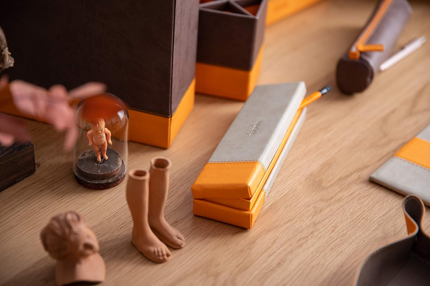 RHODIA 318877C - Turquoise Pencil Case - 21X5.5X3 Cm - Orange Saddle Stitching - Faux Leather Exterior - Rhodiarama Home Office Collection - Office Organization & Design Storage - Chocolate image number 2