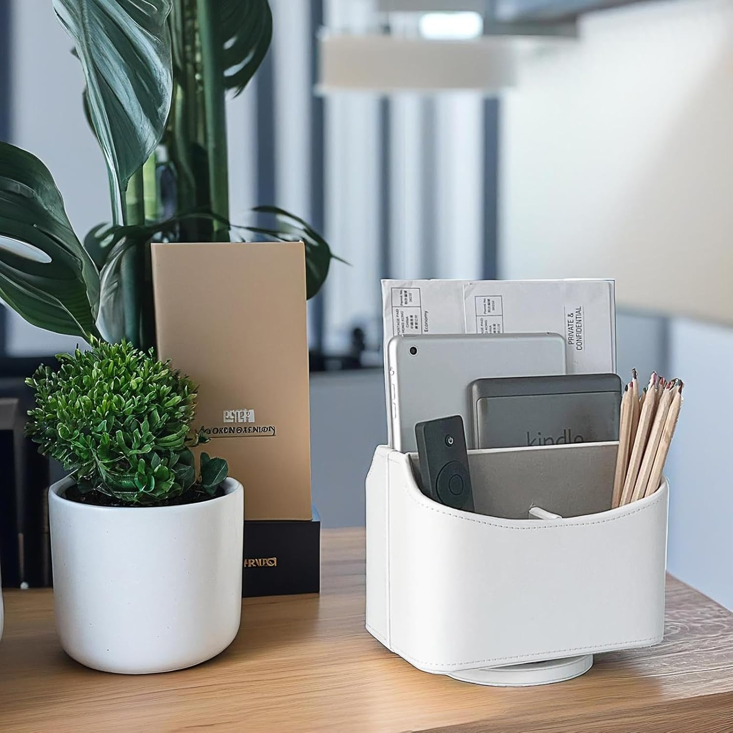 Unionbasic Rotating Desk Organizer, 360 Degree Desk Spinning Caddy, Desktop TV Guide/Mail/Media/Remote Controller Holder Organizer (White) - Crocodile White image number 6