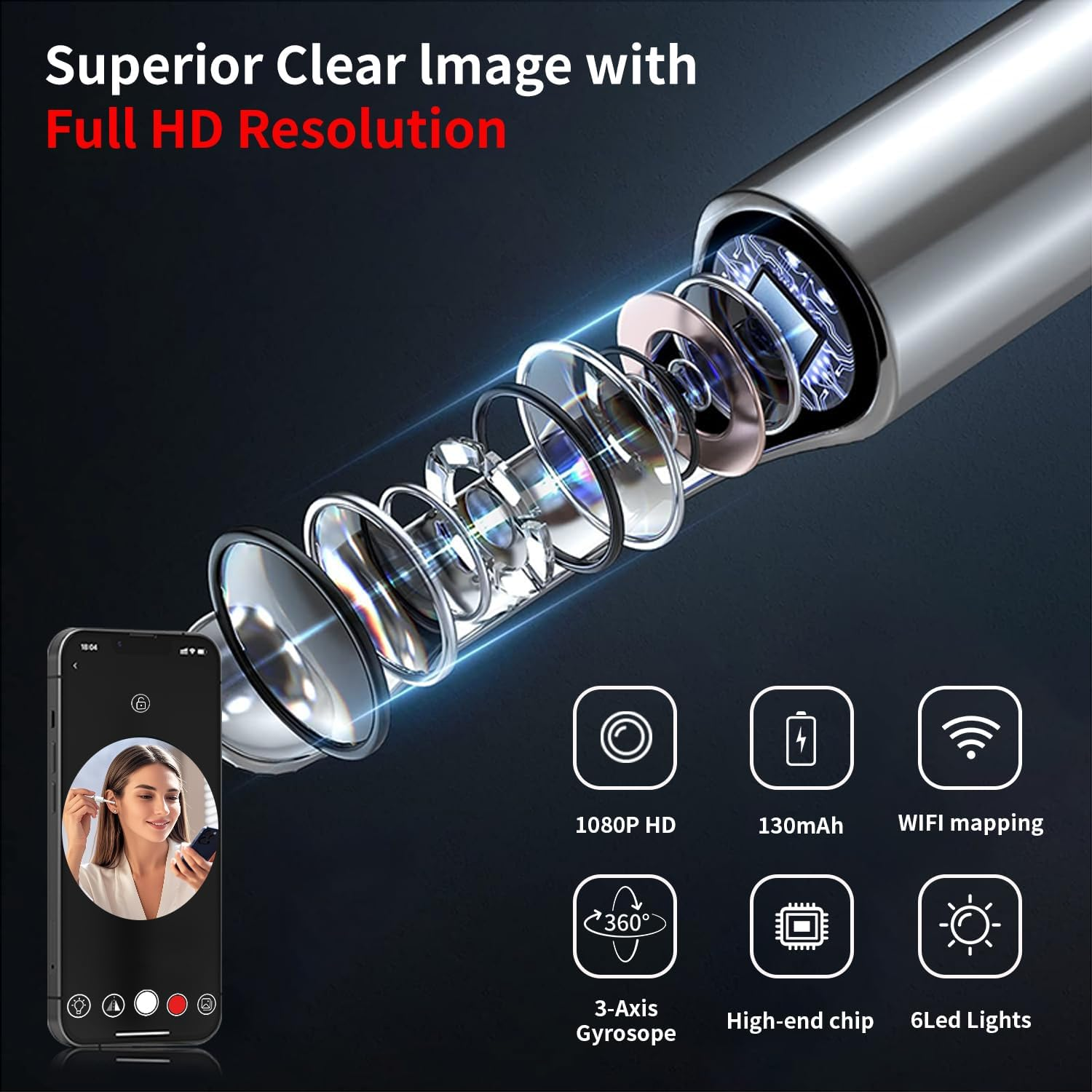 Ear Wax Removal Tool with 1080P Camera - FDA Eligible Ear Cleaner with Camera, Ear Camera Wax Removal with 6 LED Lights, 6 Spoons - Ios & Android-Compatible Earwax Removal Kit with Camera for Adults & Kids (Black) - White image number 6