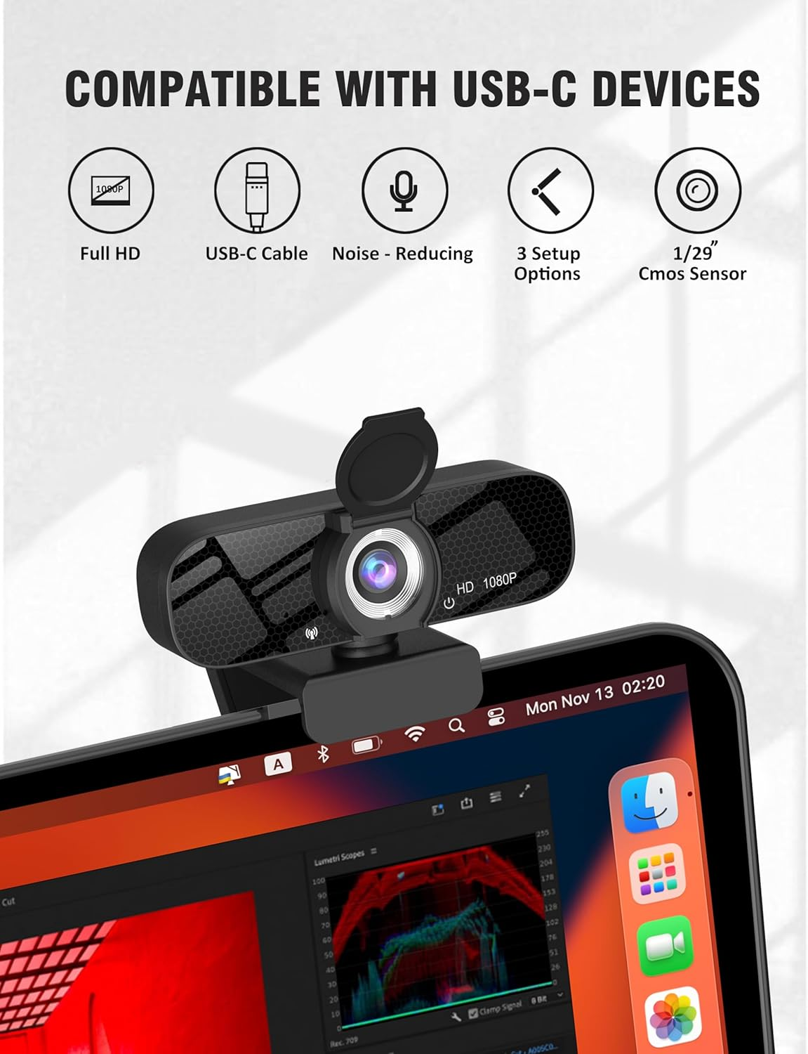 Gozvrpus USB HD Webcam with Built-In Microphone and Rotatable Tripod, 1080P Video, Wide Angle Camera, Privacy Cover, for PC Computer or Laptop (Black) image number 3
