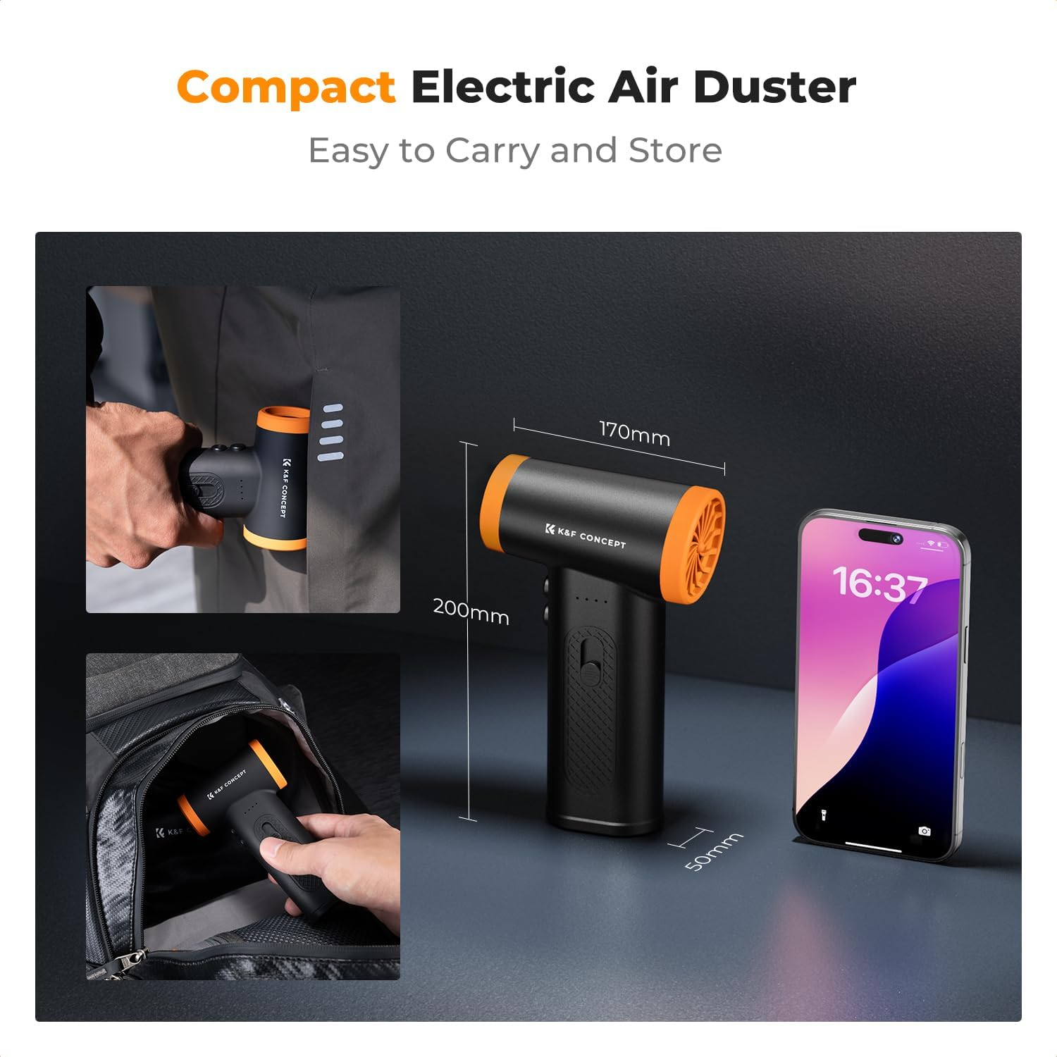 K&F Concept 12-1 Brushless Compressed Air Duster, 3 Gear Adjustable, Super Wind Power,Rechargeable&Portable,For Deep Computer Clean, Keyboard, Car Dry, Home - Replace Compressed Air Cans