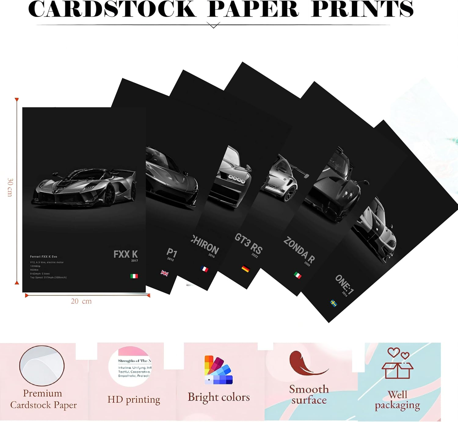 Super Car Poster Racing Car Wall Art for Home Decor Car Prints for Walls FXXK CHIRON P1 911GT3 RS ZONDA R ONE:1 Cardstock Posters Set of 6(Unframe 8X12Inch) image number 2