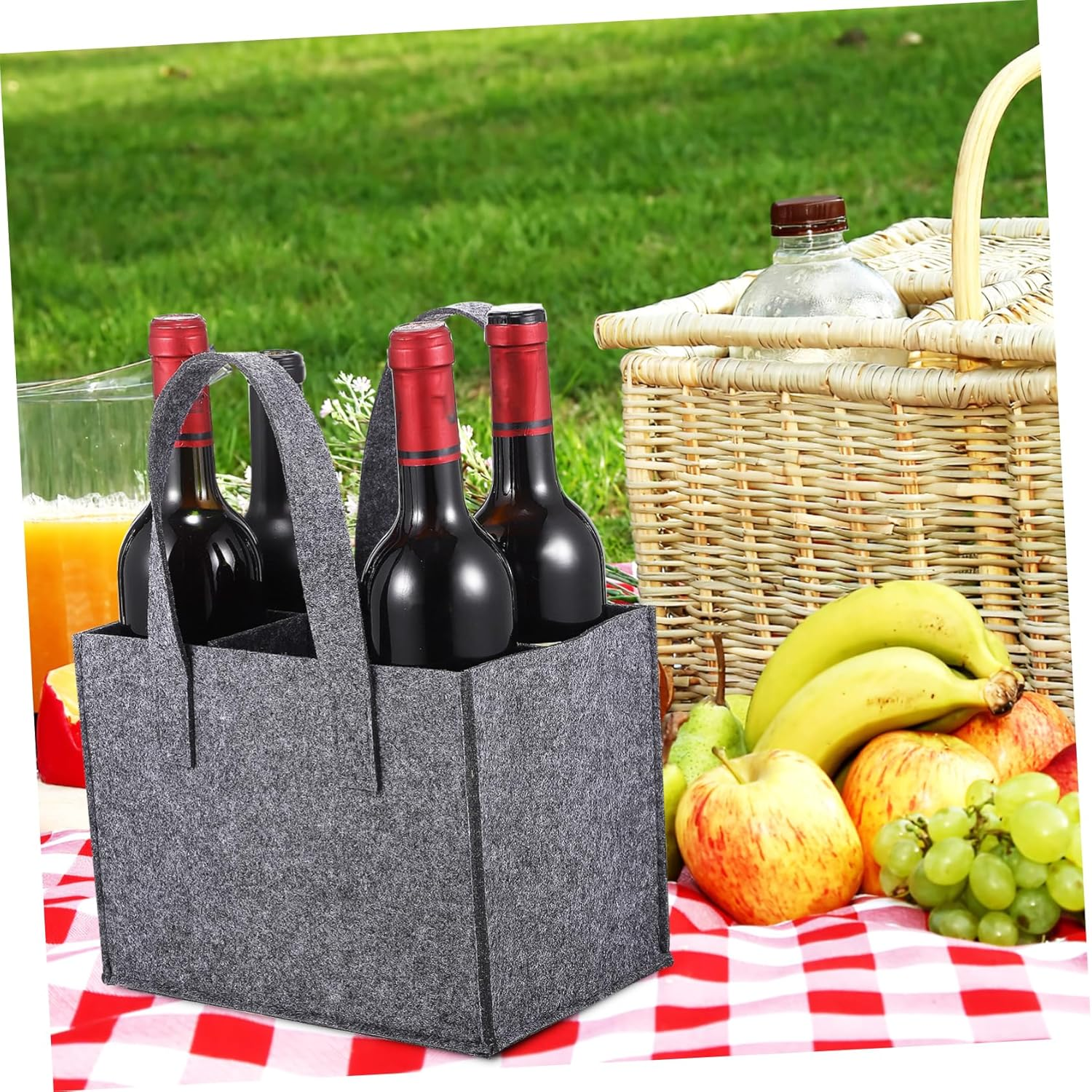 Beatifufu Felt Wine Tote Bag with Divider for 6 Bottles 24X16X16Cm Thick Felt Material Wine Handbag for Travel Camping Picnic 4Pcs image number 5