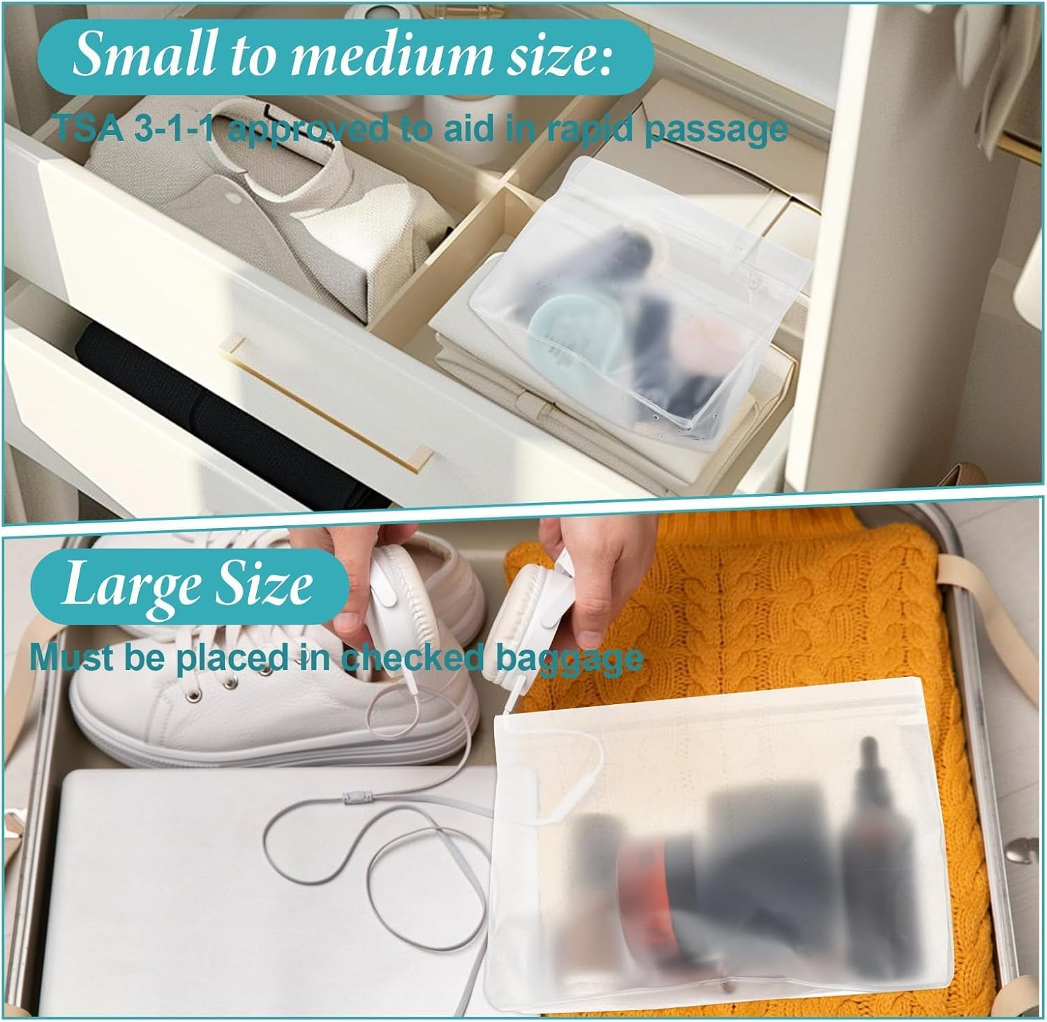 PEVA Quart Size Zipper Bags,3 Sizes Frosted Clear Sealed Toiletry Bag,Peva Sealed Quart Size Makeup Cosmetic Bags,Clear Sealed Zipper Travel Makeup Cosmetic Bag,Frosted Clear Quart Size Toiletry Bags image number 6