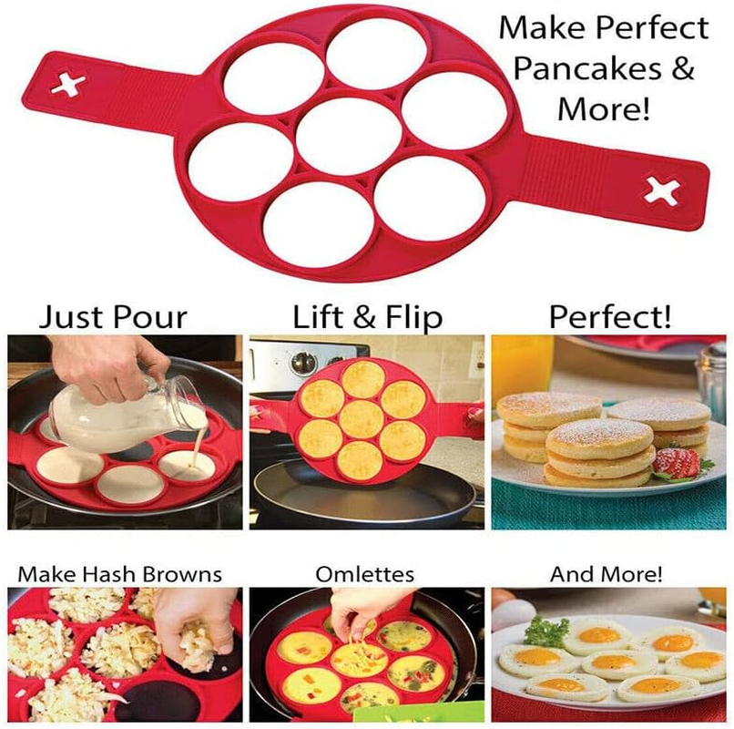AIMALL Pancake Mold Maker, Breakfast Mold Flip Cooker,Silicone 7 round Non Stick Egg Rings Set Flipper Pancake Pan Perfect Breakfast Maker Egg Omelette Tool for Cooking Fried Eggs, Hash Browns, Crumpets, Omelets on Griddle image number 5