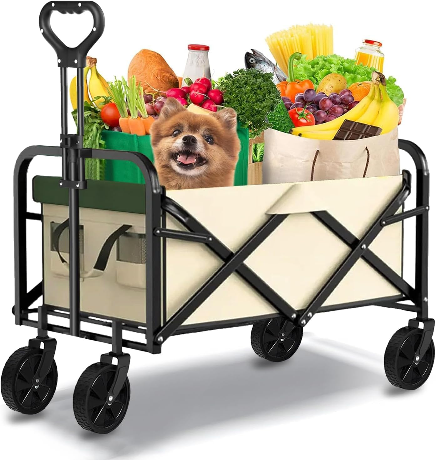 Fohouse Collapsible Folding Wagon, Portable Large Wagon Cart, Large Capacity Heavy Duty Wagon Cart with Wheels, Utility Grocery Wagon with Side Pocket and Brakes for Camping Garden Sports