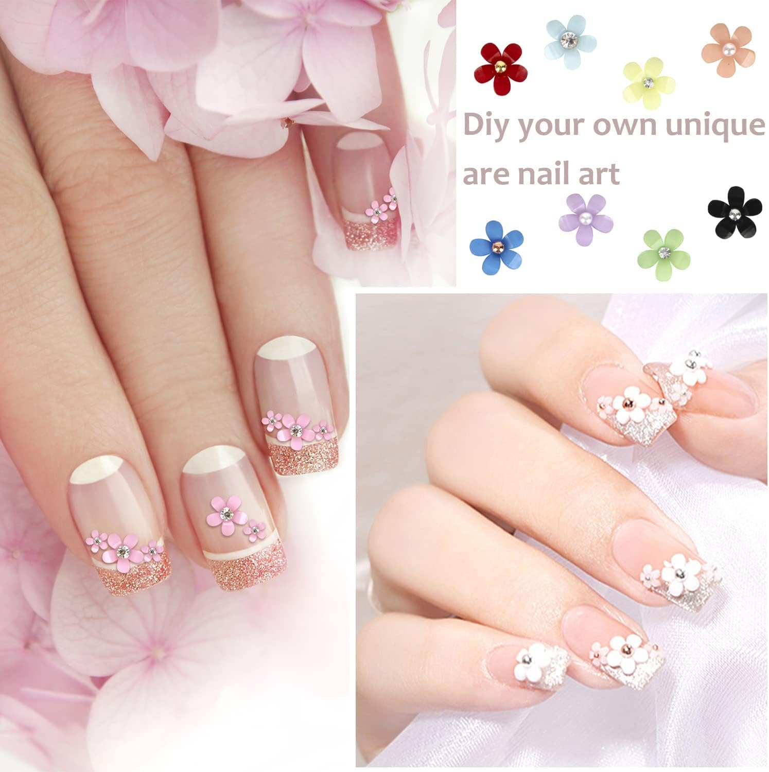 3D Flower Nail Charms, 3 Boxes 3D Acrylic Flower Nail Art Rhinestones with Gold Silver Pearl Beads Tweezers Included Spring Blossom Petal for DIY Nail Decorations image number 2
