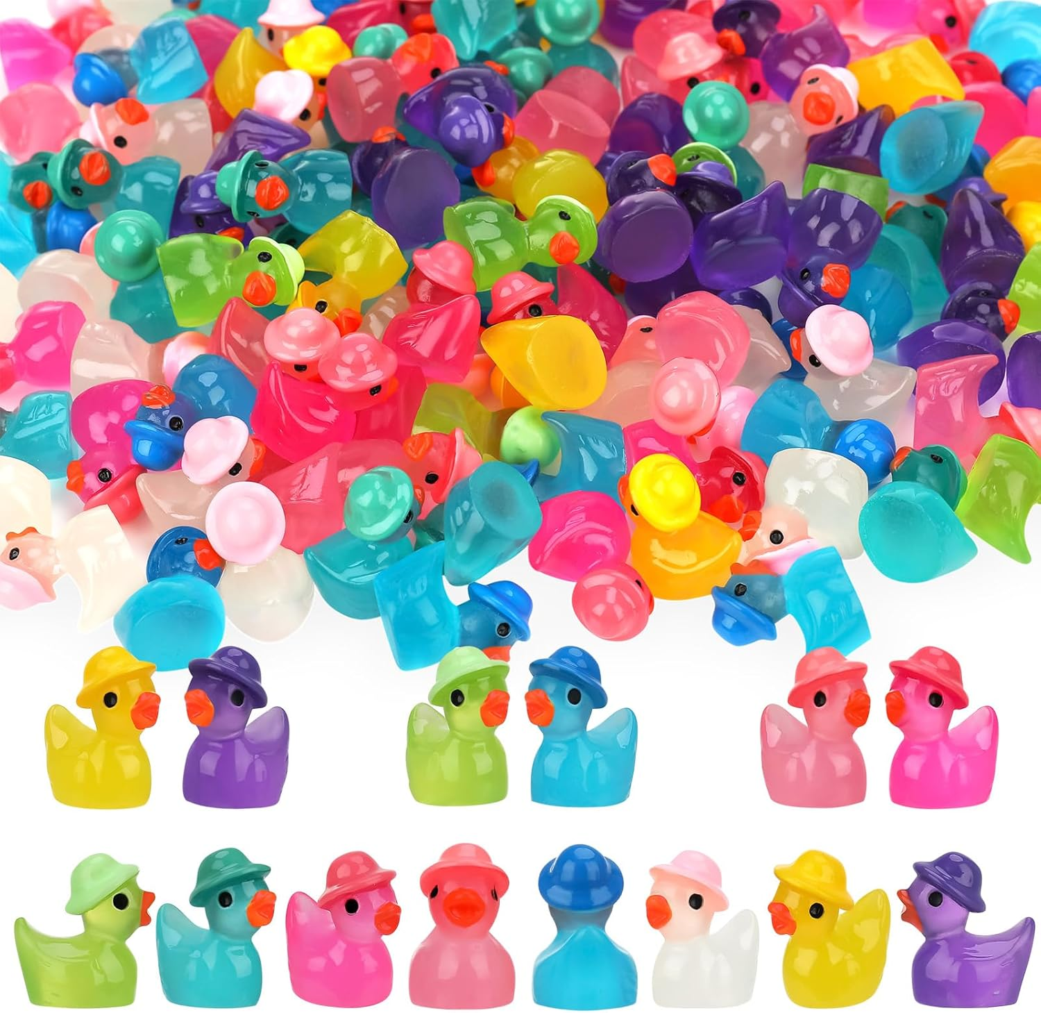 GGSTDDUP 80 Pack Luminous Mini Resin Ducks, Mini Ducks Tiny Duck Miniature Duck Figures Wearing Hat, Glow in the Dark DIY Crafts Cake Decor for Micro Landscape Dollhouse Garden (8 Colors) image number 4