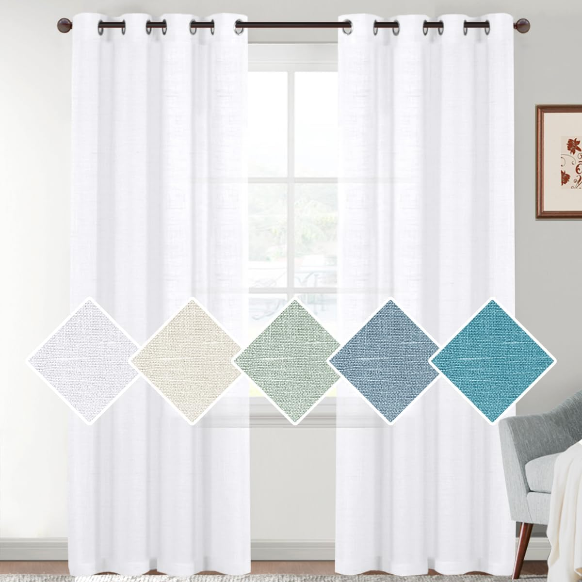 H.VERSAILTEX Linen Sheer Curtains for Living Room/Bedroom Linen Curtains Light Filtering Semi Sheer Curtains Provide Privacy Curtains & Drapes -2 Panels Set, Each W132Cm X D243Cm, Sage