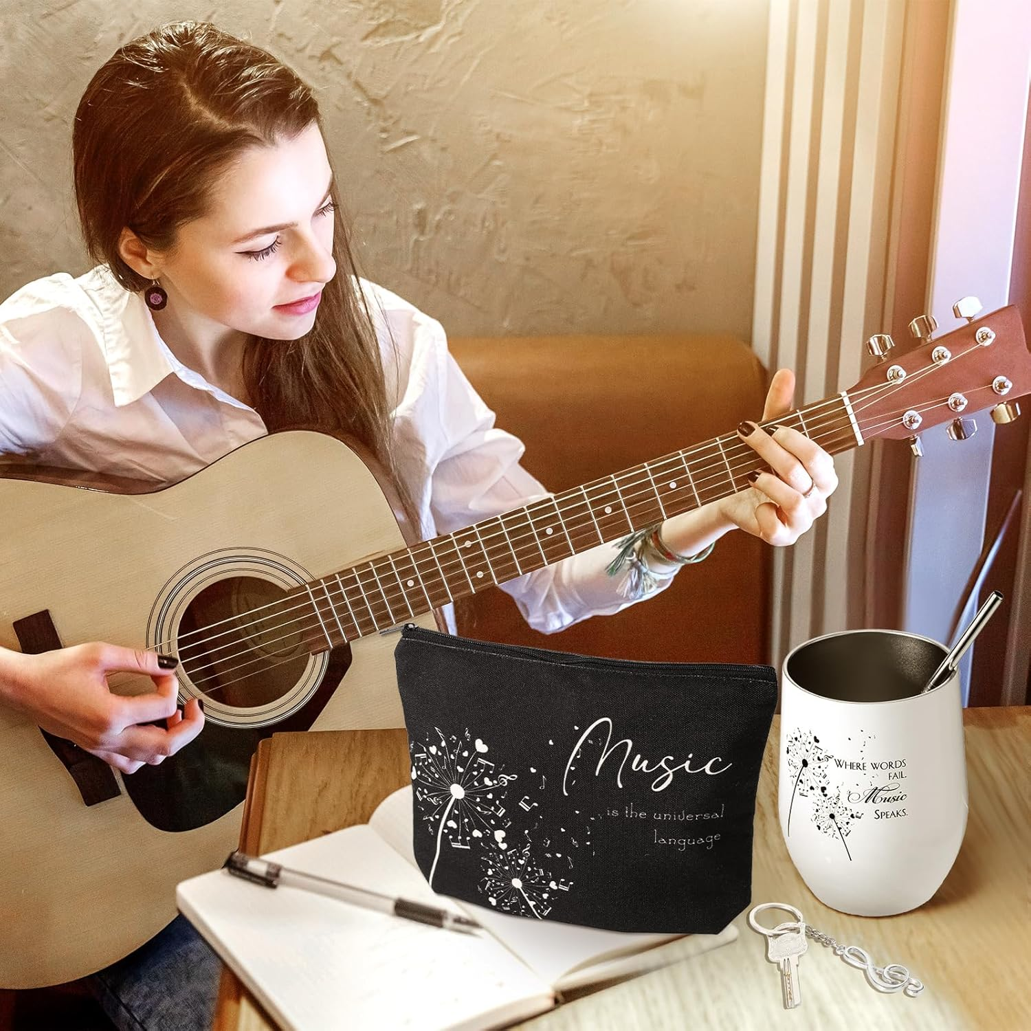 Sieral 12 Oz Music Themed Wine Tumbler & Cosmetic Bag & Keychain Set for Music Lovers & Teachers image number 4