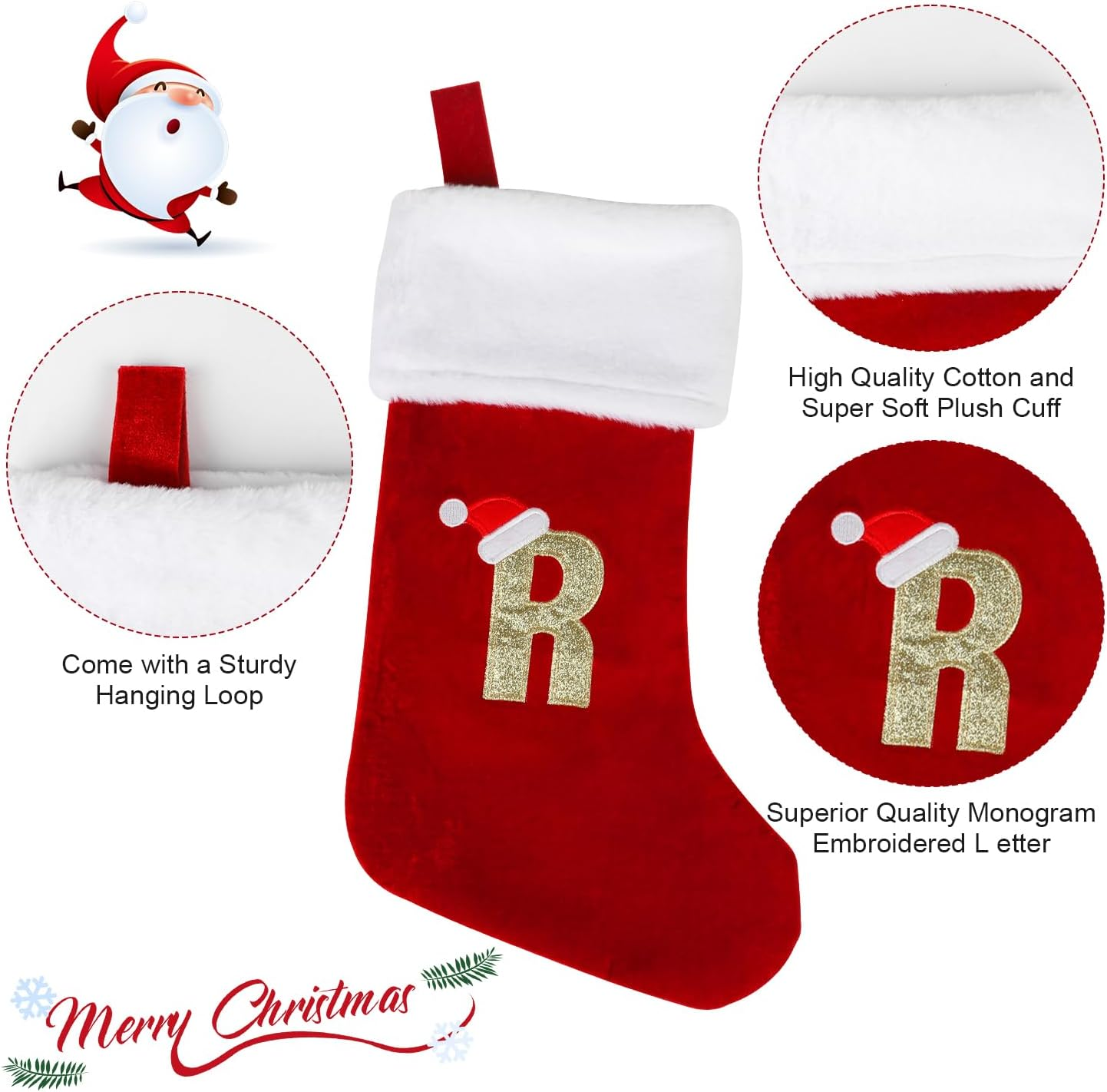 VEYLIN Christmas Stockings with Letters, 20 Inch Large Plush Christmas Stockings Embroidered Stockings Christmas Stockings for Kids/Adult Xmas Gift Stockings & Holders(R) image number 2
