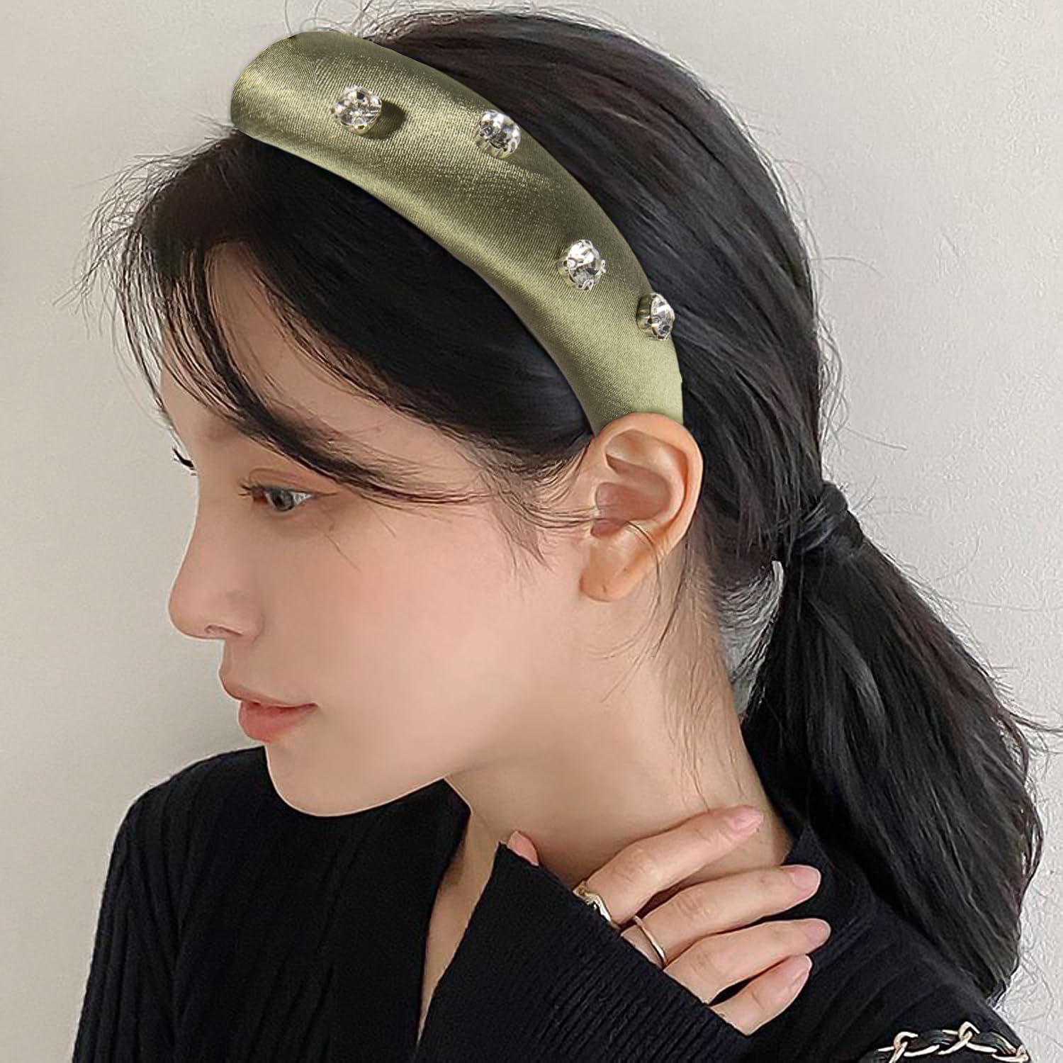 1 Piece Green Diamond Rhinestone Satin Fabric Headband Plastic Headband Suitable for Hair Accessories Unisex (Green) image number 3