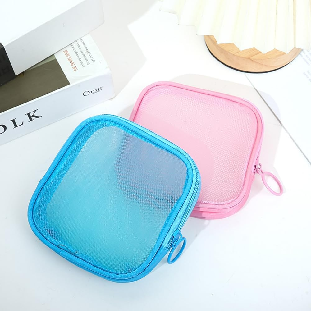 6Pcs Mesh Makeup Bag Mesh Cosmetic Bag Travel Toiletry Bag Pouch with Zipper Mini Portable Makeup Cosmetic Travel Toiletry Purse Bag for Daily Accessories(Lake Blue+Pink) image number 1