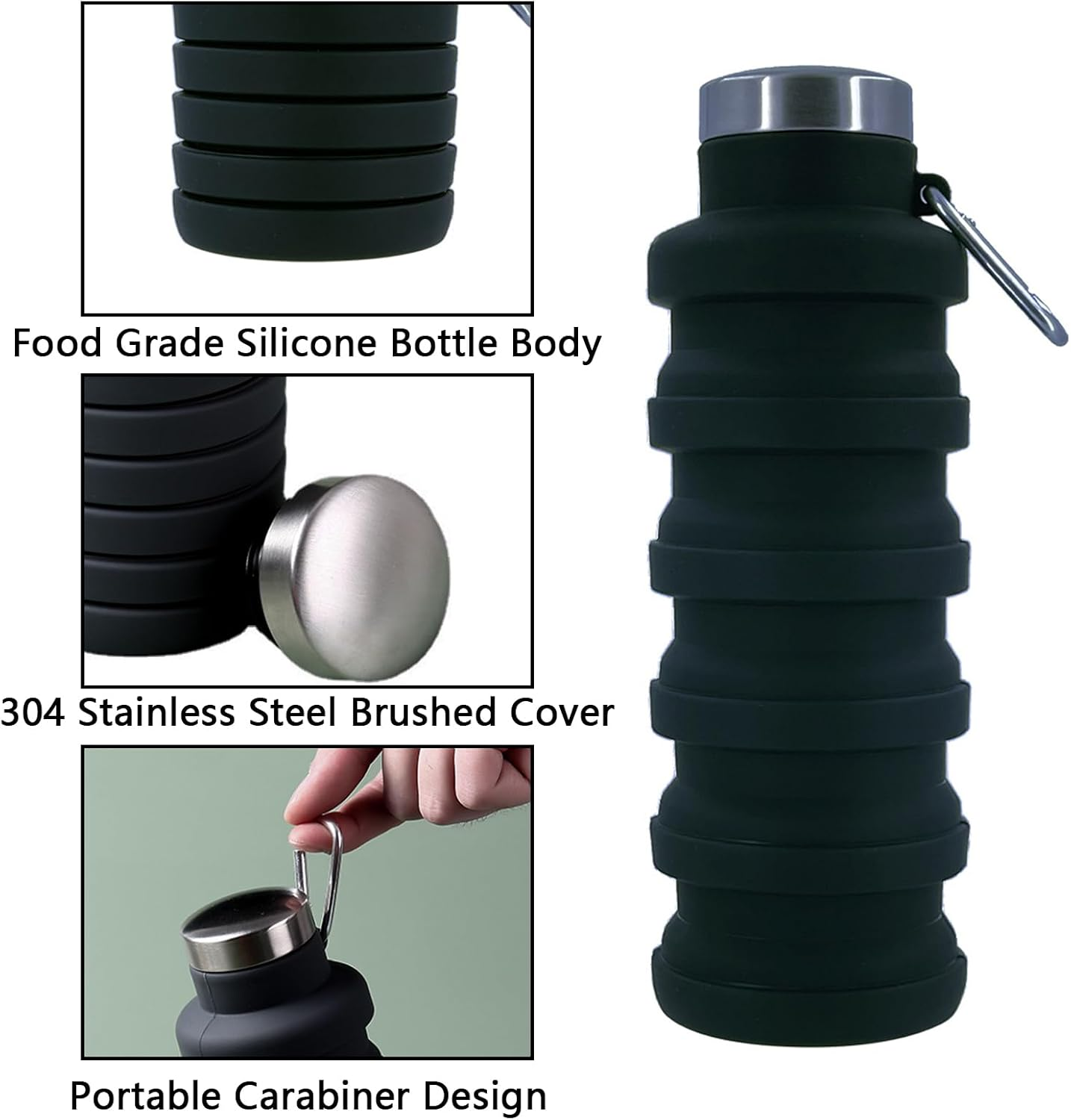 Collapsible Water Bottle, Foldable Water Bottles 17Oz, Portable Leak Proof Sports Water Bottle, BPA Free Reusable Travel Water Bottle, Silicone Collapsible Water Bottles with Carabiner (Black) image number 5