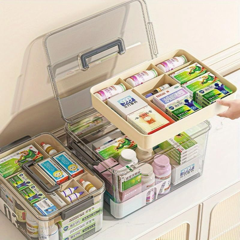 1Pc Medicine Storage Box with Handles & Multi-Layer, Large Capacity Plastic Pills Box, Household Portable Medical Storage Box for Sundries, Household Storage Organizer for Bedroom, Bathroom, Office image number 4