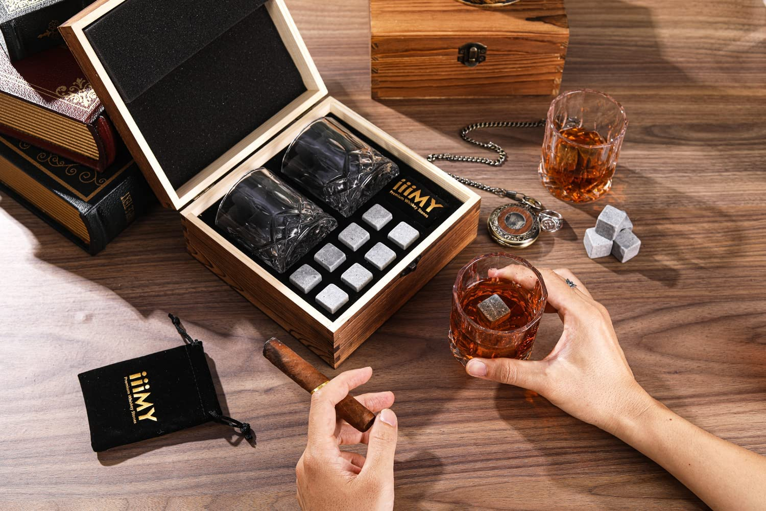 Whiskey Stones and Glasses Gift Set, 8 Whiskey Rocks Chilling Stones and 2 Whisky Glasses in Handmade Wooden Box&ndash; Cool Drinks without Dilution &ndash; Dad, Husband, Men Gift image number 6