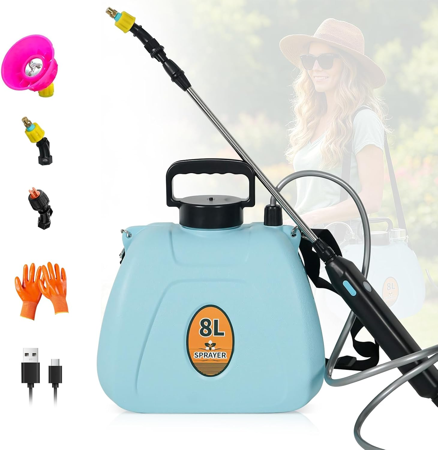 Liweght 8L Battery Powered Backpack Sprayer, 2400Mah USB Rechargeable Electric Garden Sprayer, 3 Adjustable Mist Nozzles, Telescopic Wand for Lawn, Yard & Weed Control