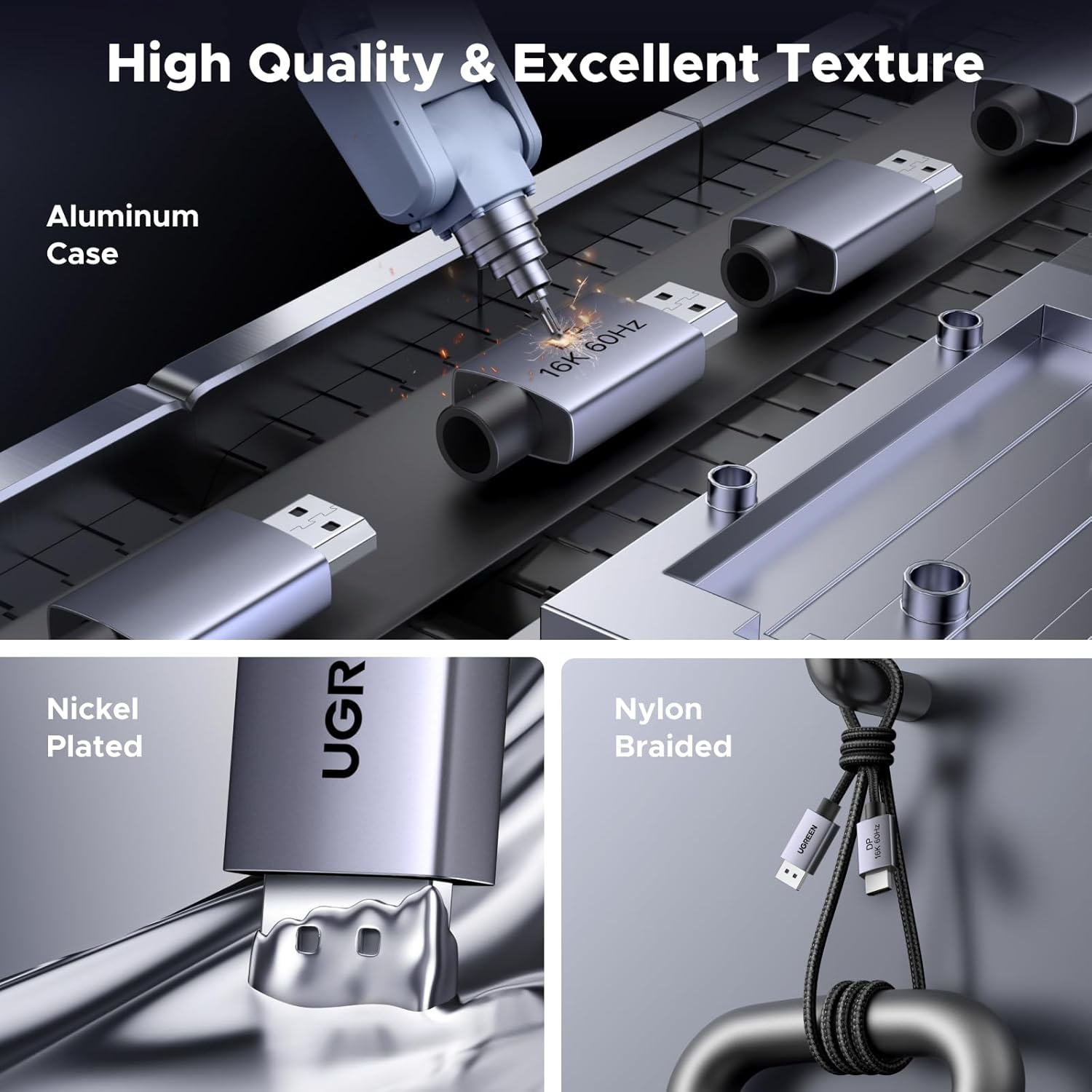 UGREEN 16K Displayport Cable 2.1, DP to DP 80Gbps Aluminum, Support 16K@60Hz, 8K@240Hz, HDR, Freesync, G-Sync, Compatible with Laptop/Pc with HDTV, Projectors, Screens, 3M image number 1