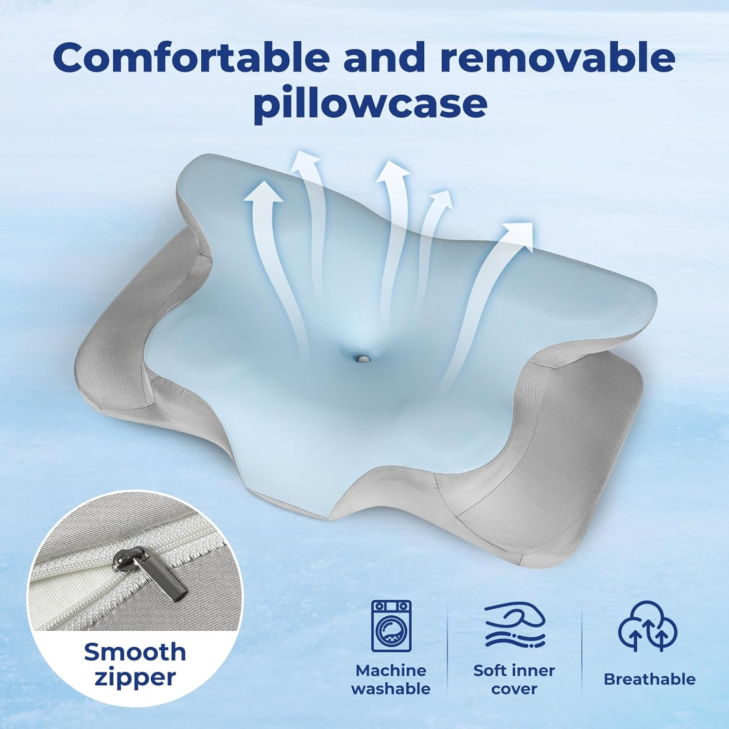 Dreamz Memory Foam Pillow Neck Shoulder Arm Support Cervical Pain Ergonomic Side, Stomach & Back Sleeper Sleeping Bedding, Two Different Height, Removable Pillow Case Comfortable image number 2