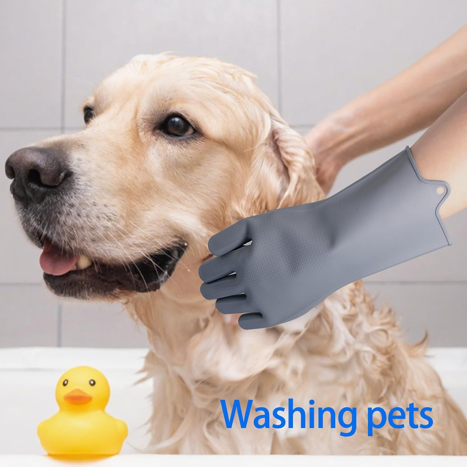 2 Pcs Pet Grooming Gloves, Extra Thick Large Silicone Dog Bath Brush for Dogs Cats Rabbits Pets, Anti-Bite Waterproof Cat Hair Remover Glove for Dog Cat Bath Grooming Massaging Home Cleaning (Gray) image number 5