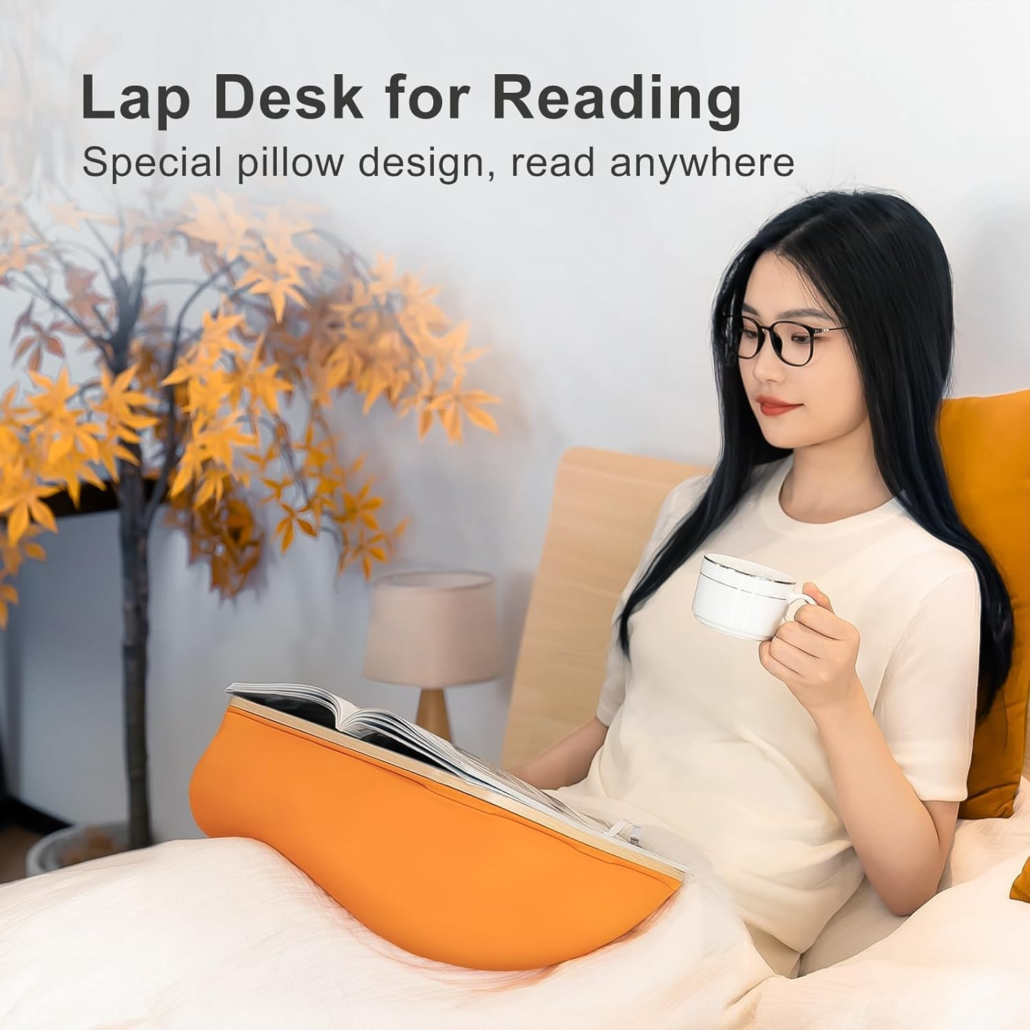 Lap Beanbag Book Stand for Reading, Comfortable Pillow Book Holder for Sofa, Bed, Desk, Hands-Free, Minimize Neck Strain, Gift for Book Lovers, Compatible with Laptop and Tablet (Orange)
